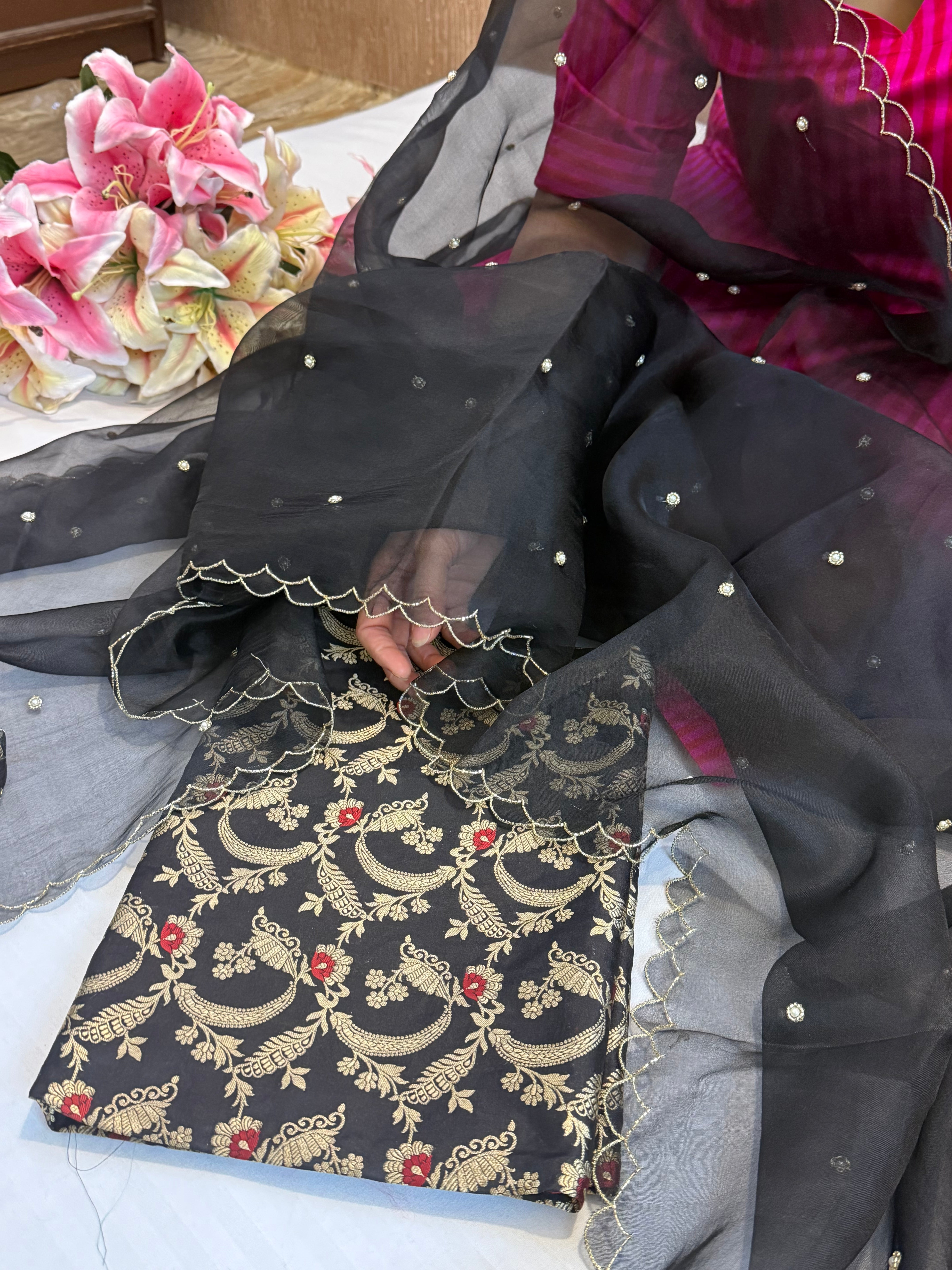 Black katan silk jungla meenakari kurta paired with scalloped kora silk duppata set