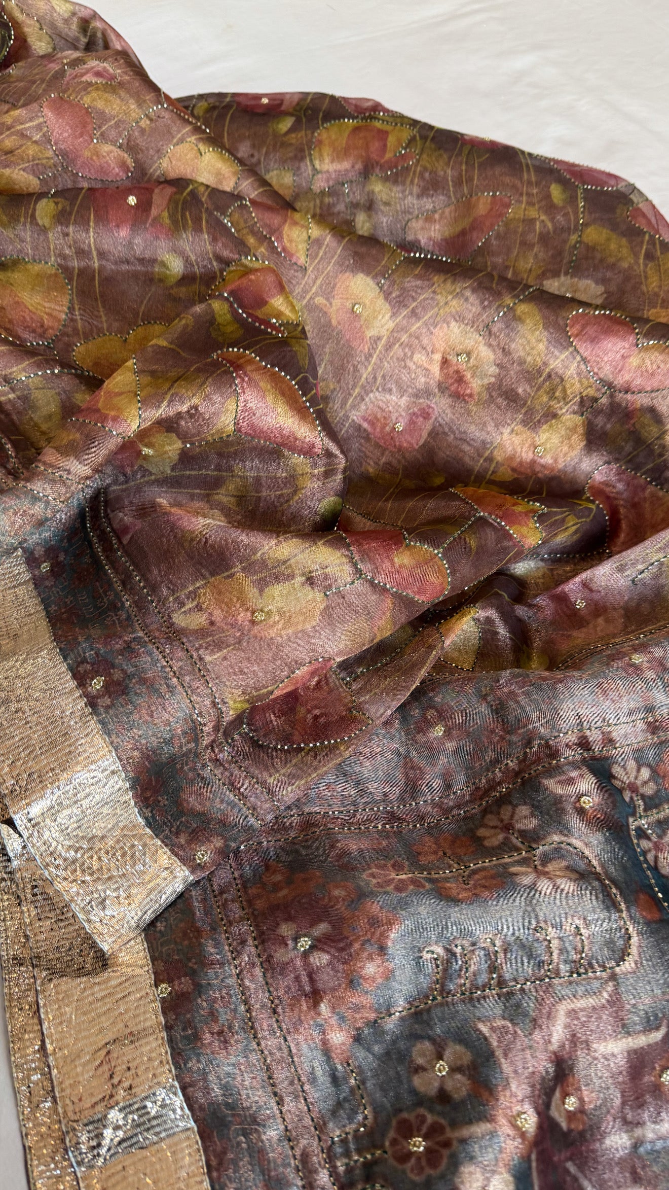Printed tissue silk hand embroidered gotapatti kadhwa sarees