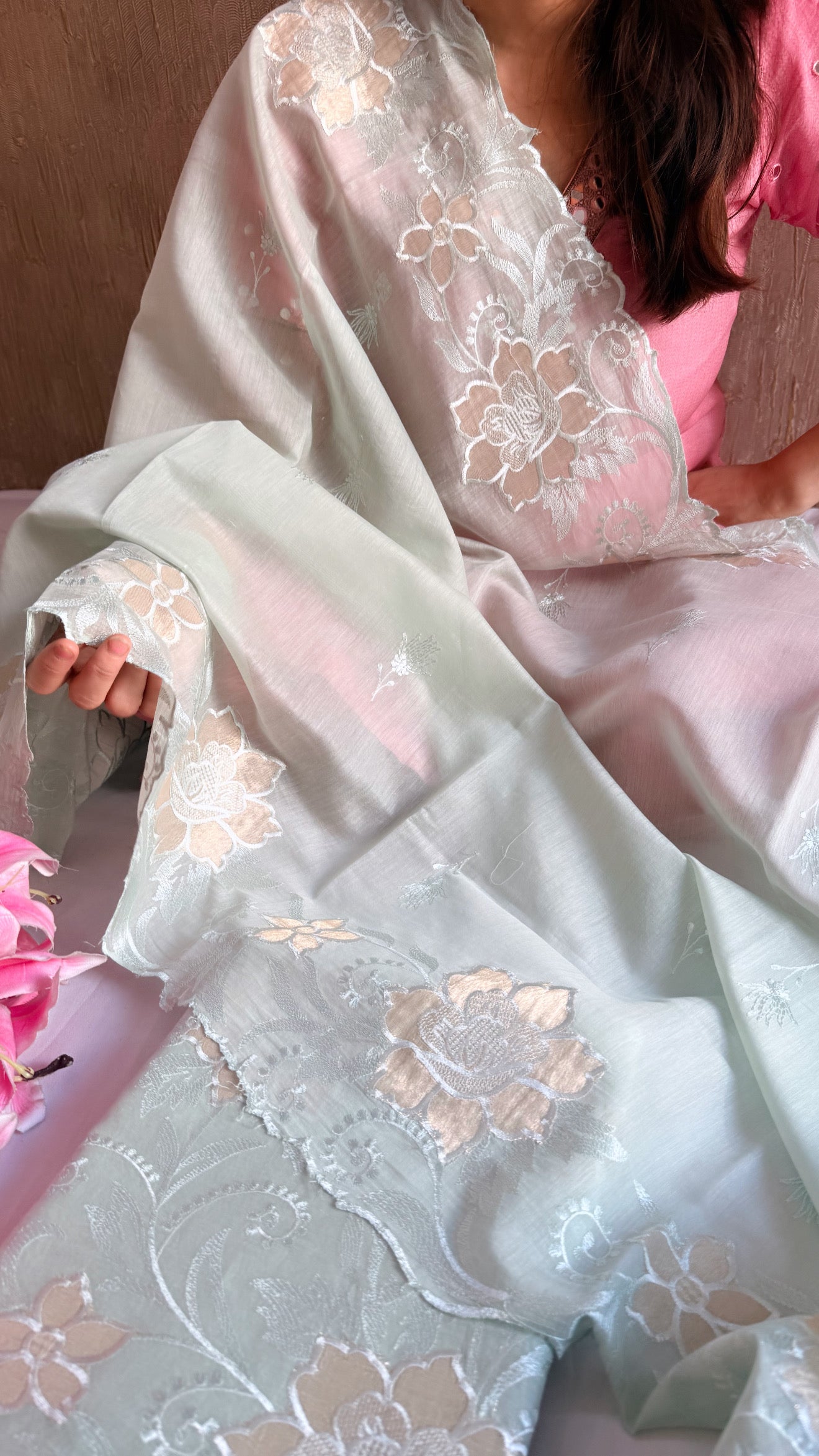 Summer suit edit - Blush green mul cotton appliqué tissue work suit sets