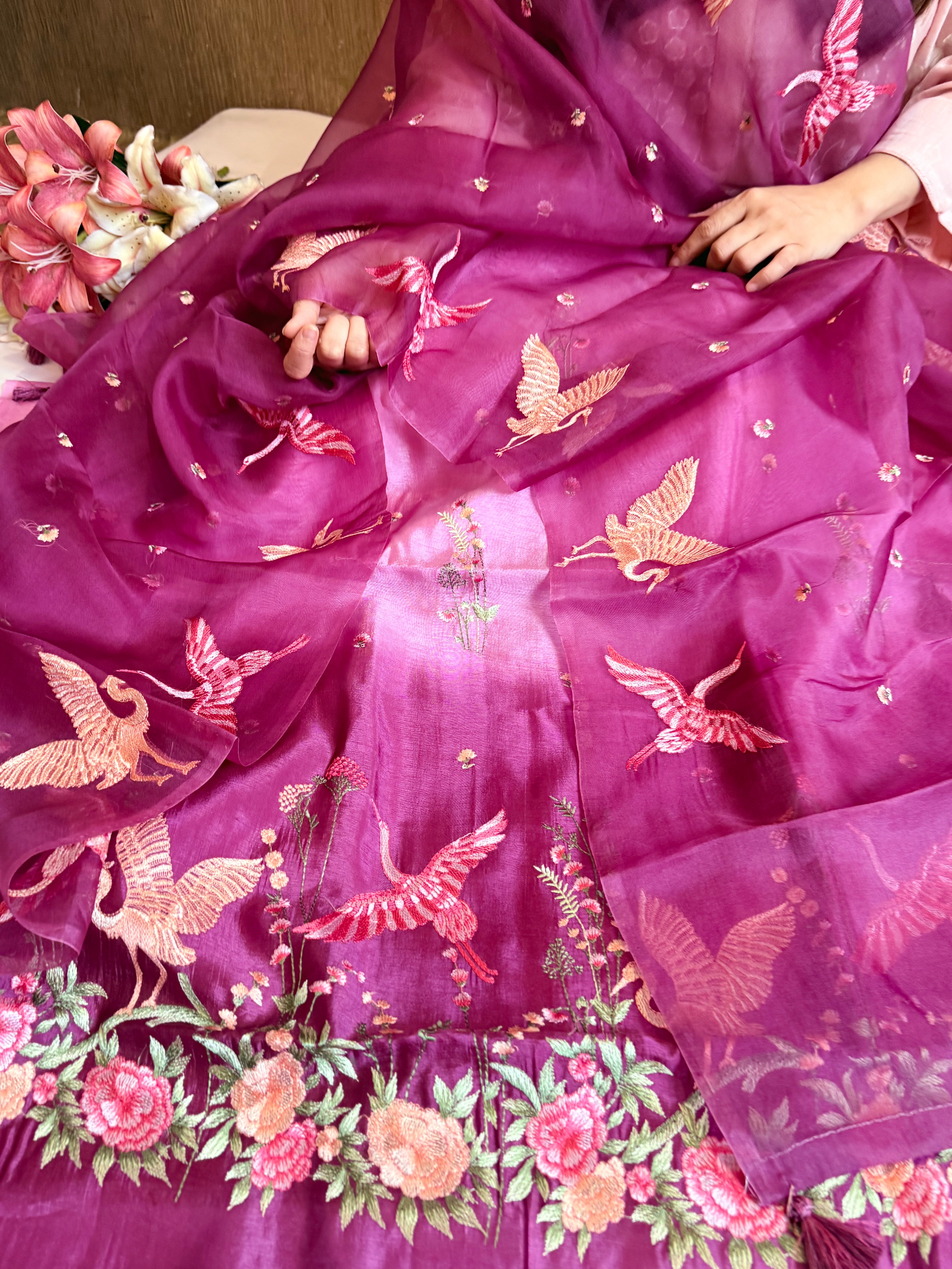 Mango silk flamingo motif hand embroidery suit set