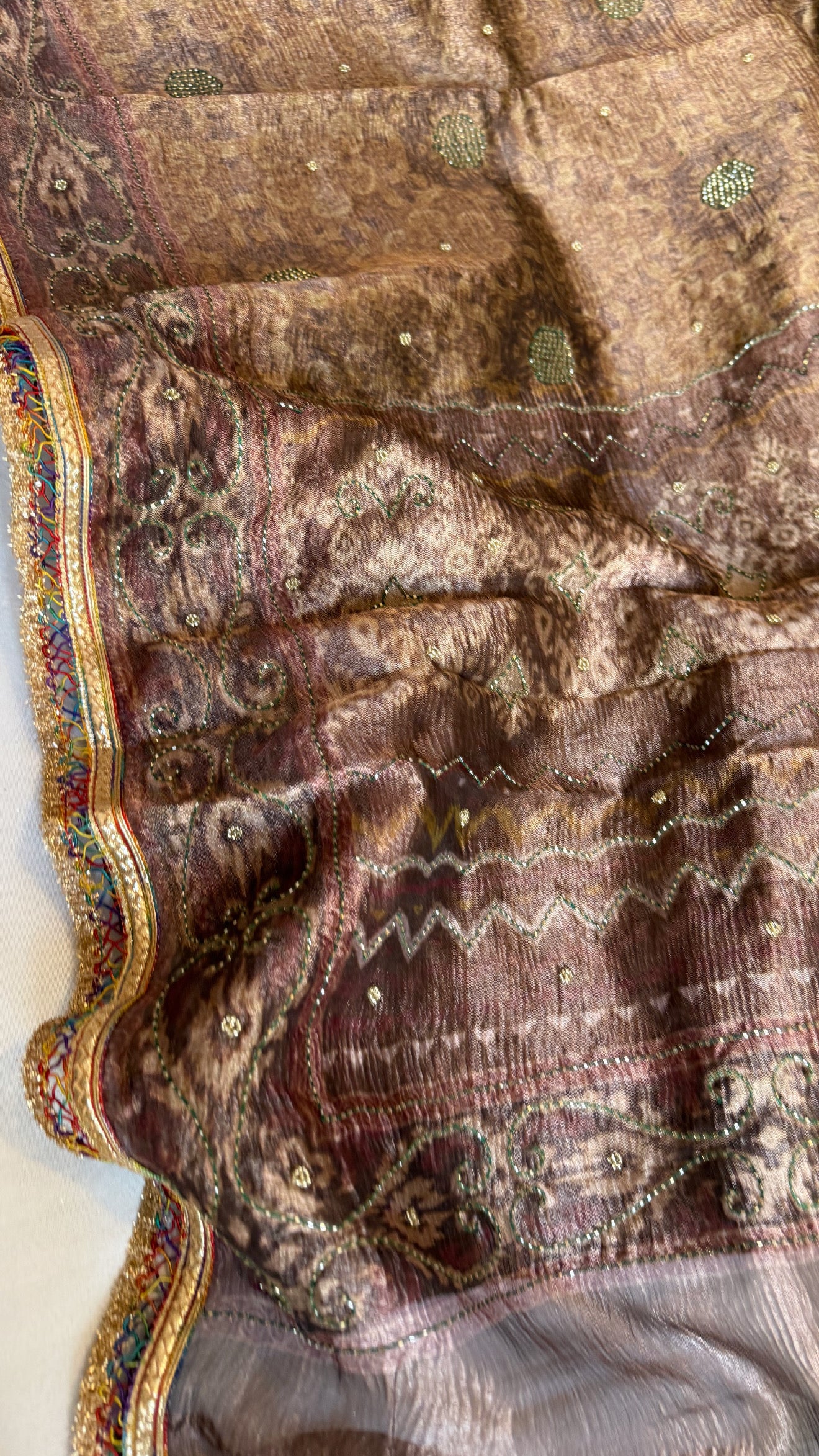 Printed tissue silk heavy hand embroidered kadhwa gotapatti saree