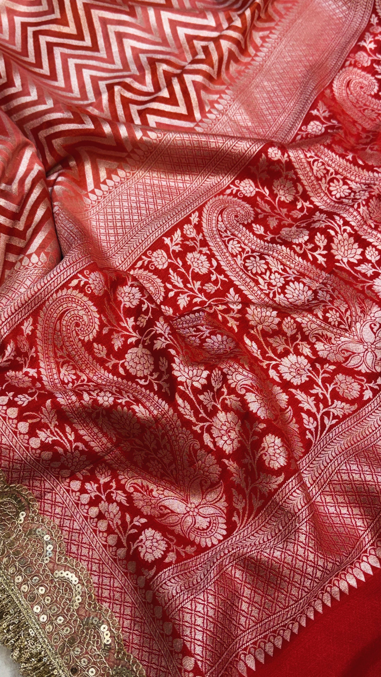 Rangkaat dye gajri red silver zari chevron weaving kadhwa moonga silk saree
