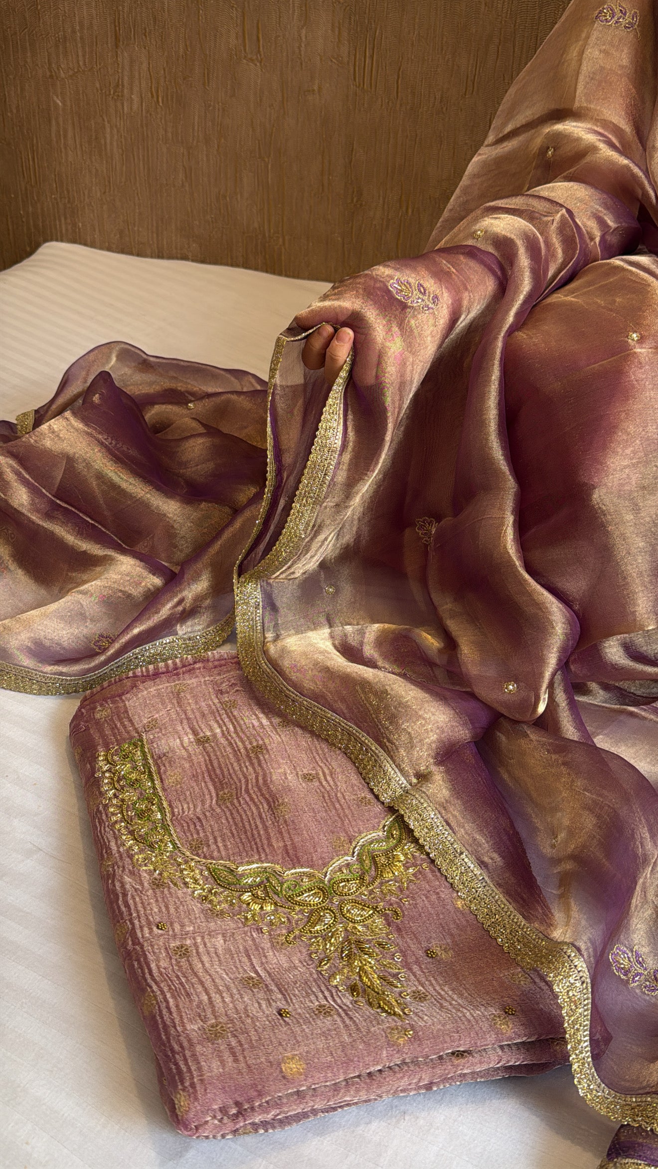 Soft lavender crushed tissue silk hand embroidered kadhwa suit set