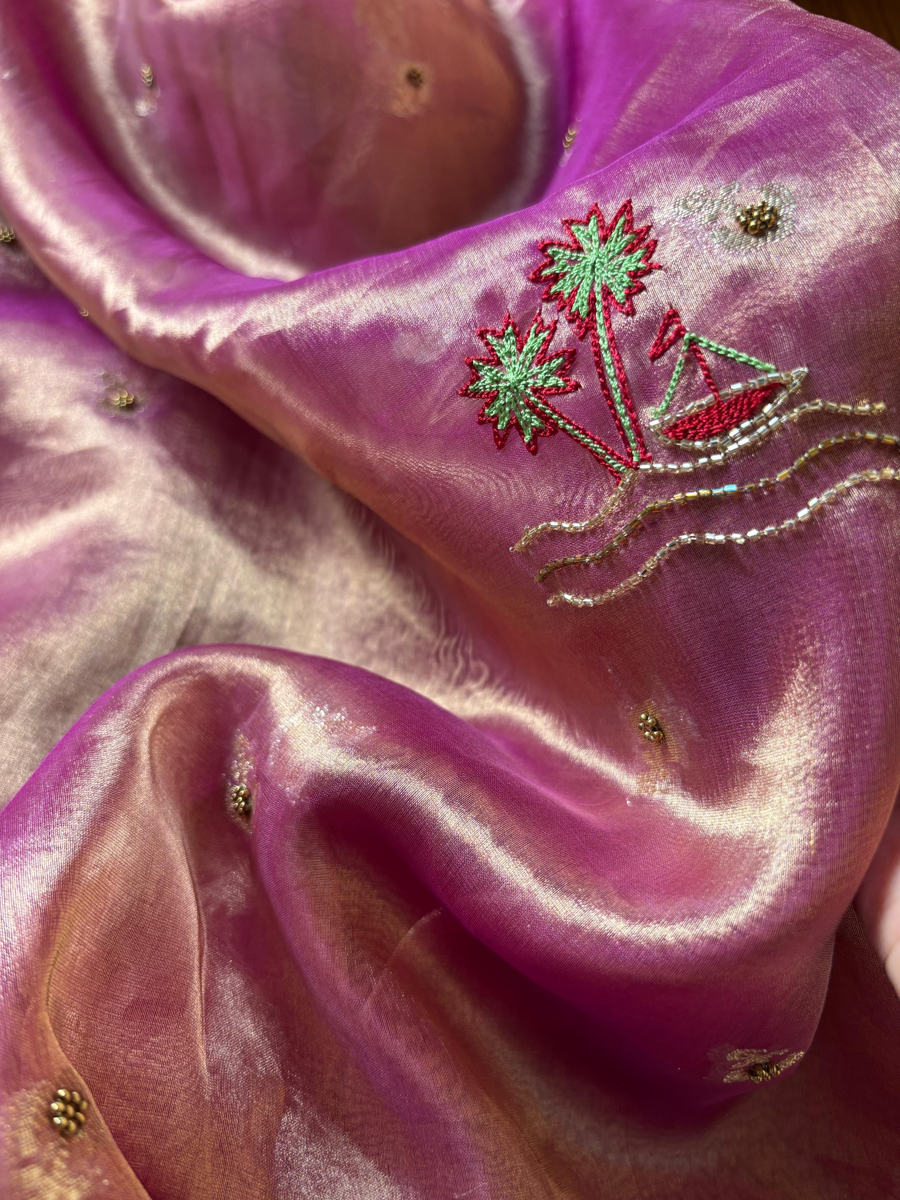 Gangakinare edit lotus purple tissue silk hand embroidered kadhwa saree
