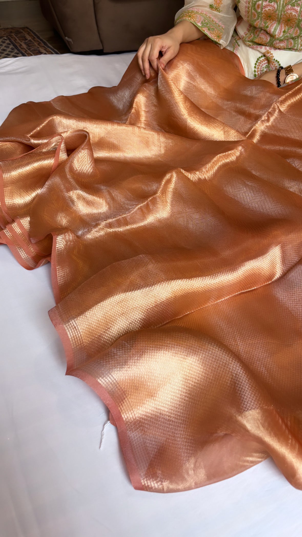 Fanta orange tissue silk brocade kadhwa saree