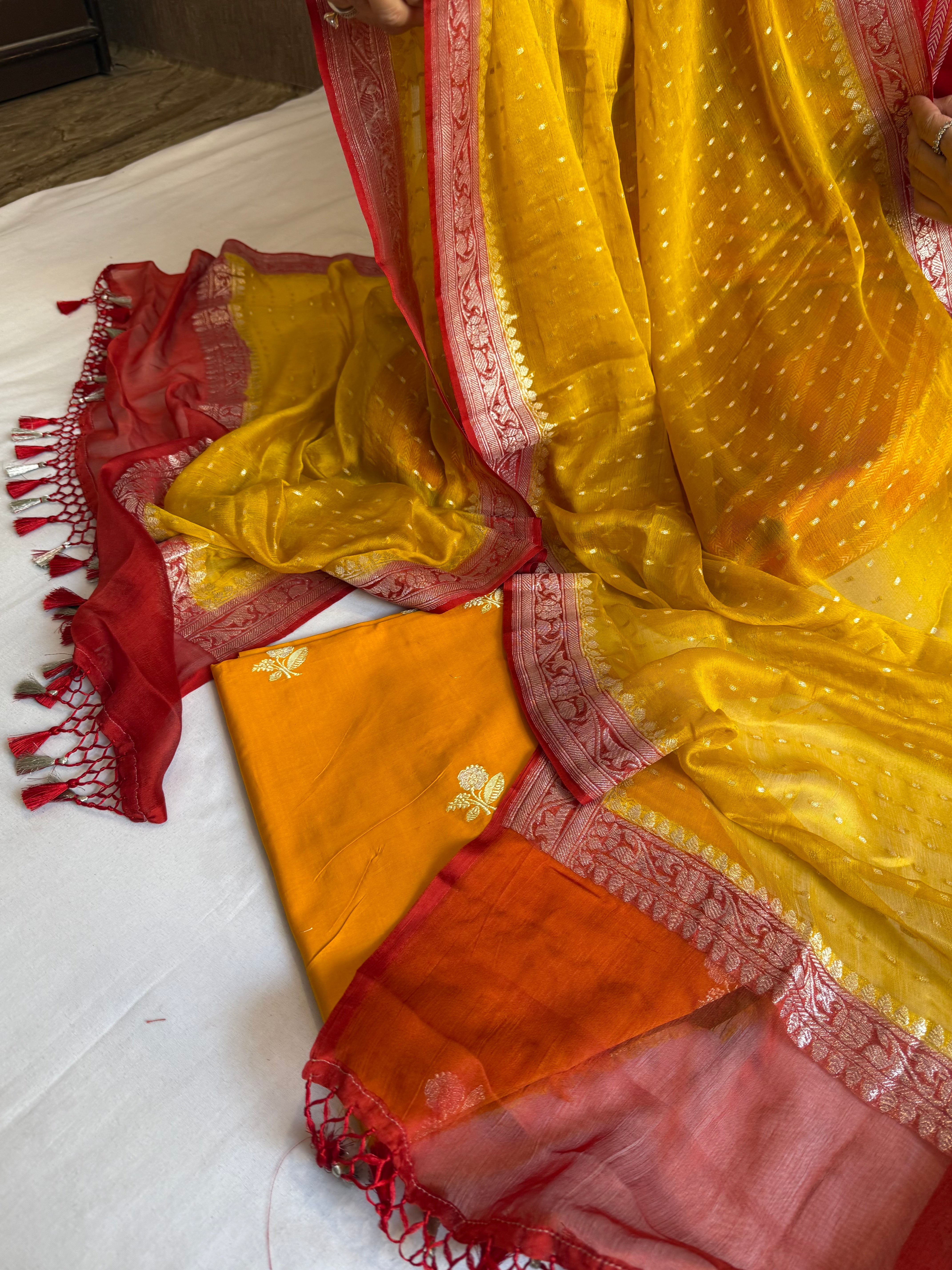 Haldi yellow-red katan kadhwa silk kurta paired with chiffon gorgette chap dye duppata set