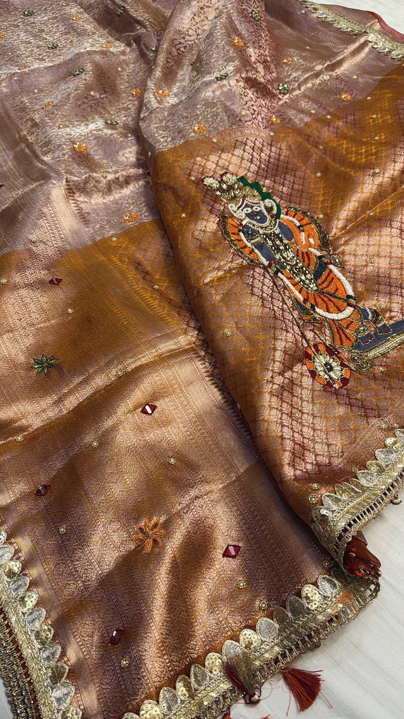 Wedding edit - Husn Soft orange tissue silk brocade shreenathji motif hand embroidered saree