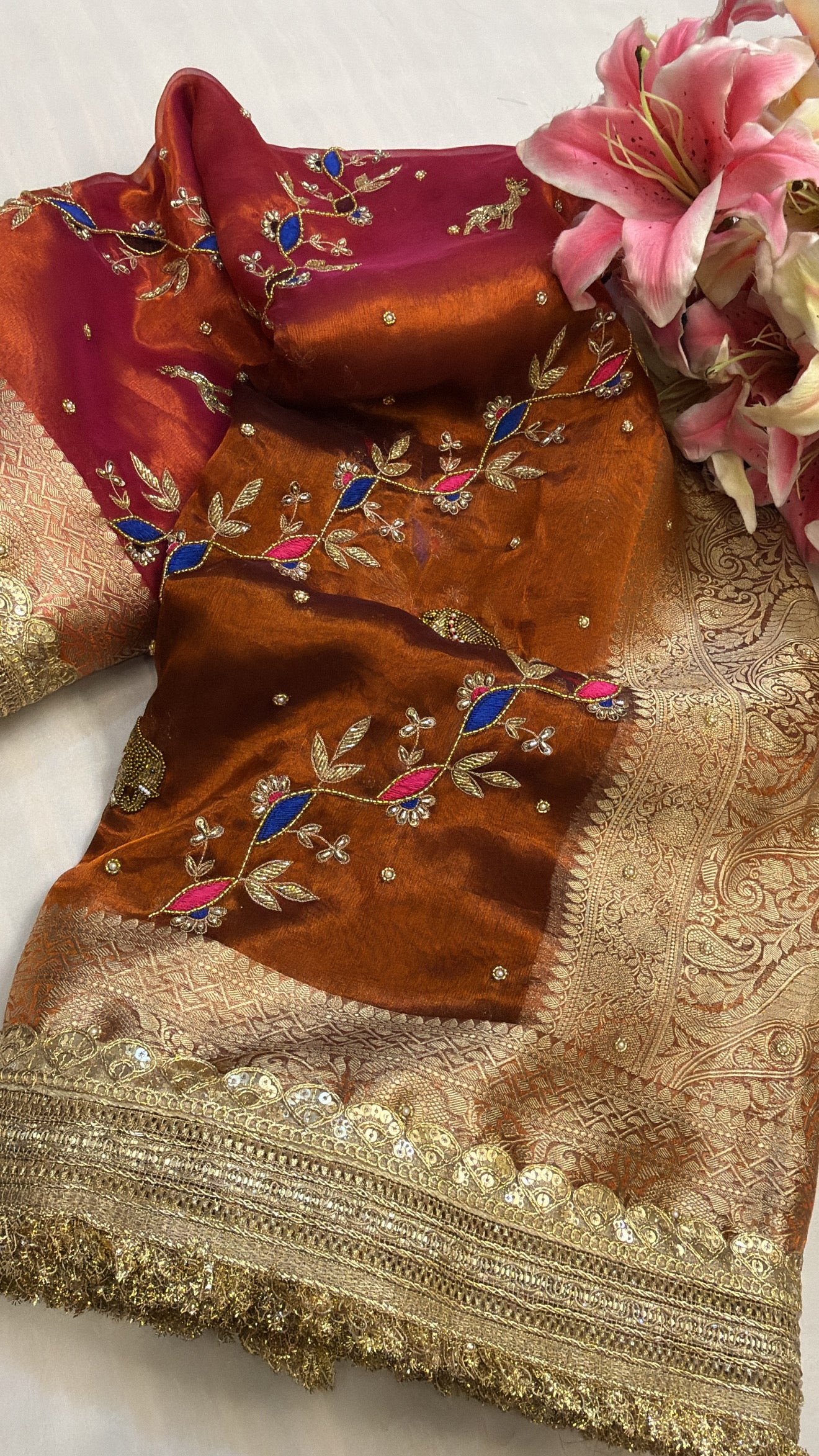 Bronze brown - pink ombre shaded elephant motif hand embroidered tissue silk saree