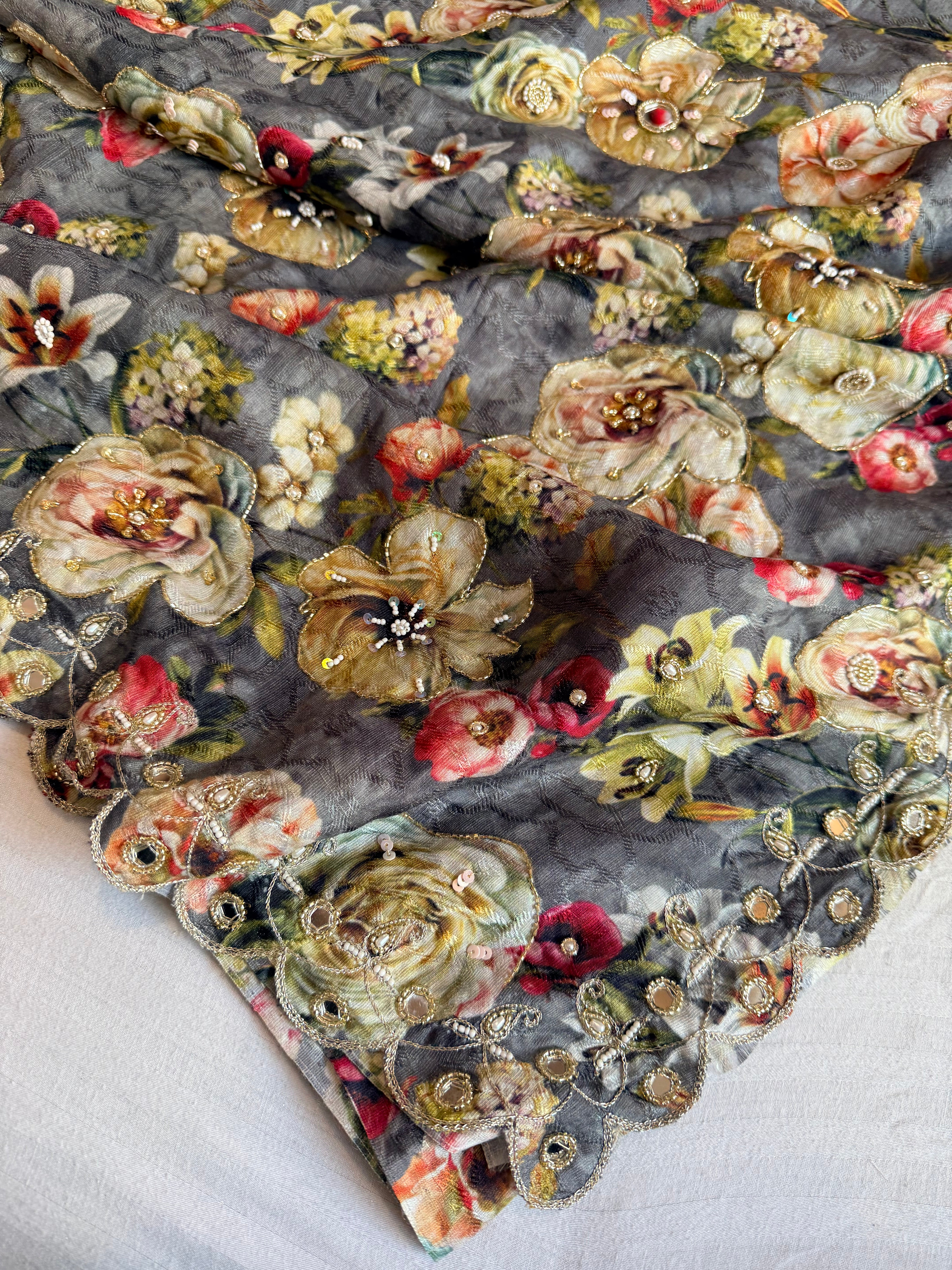 Printed moonga silk hand embroidered kadhwa gotapatti saree