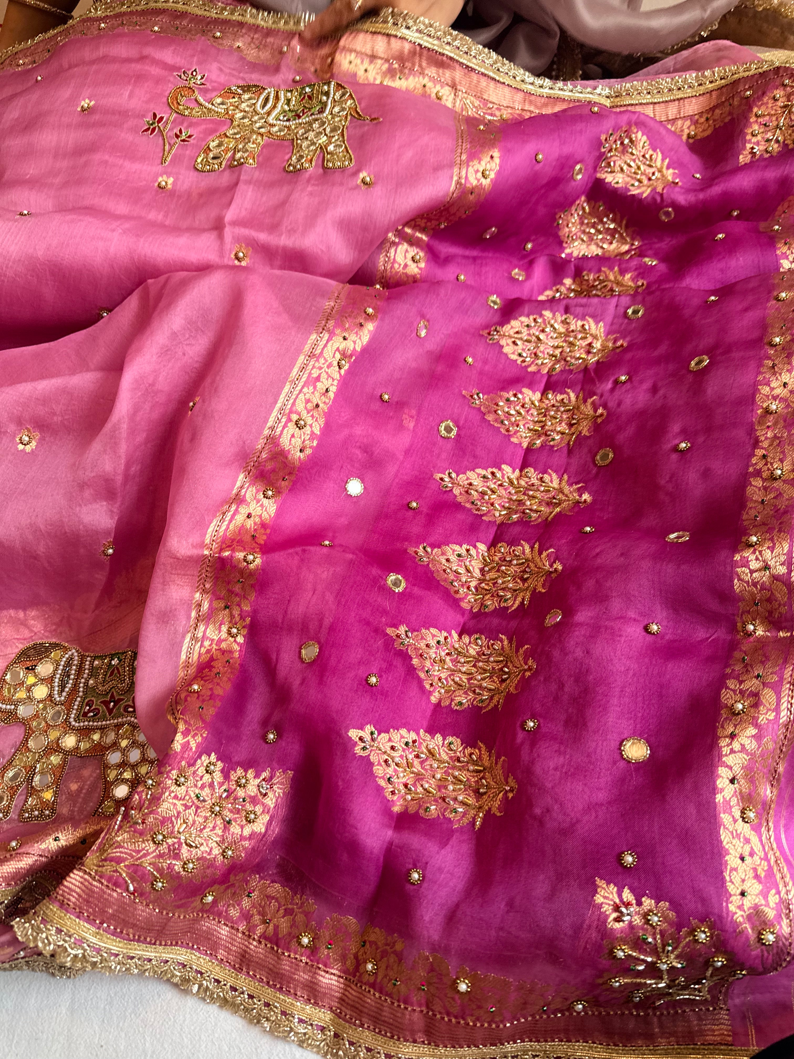 Tyohaar edit - Chap dye kora silk elephant motif hand embroidered saree