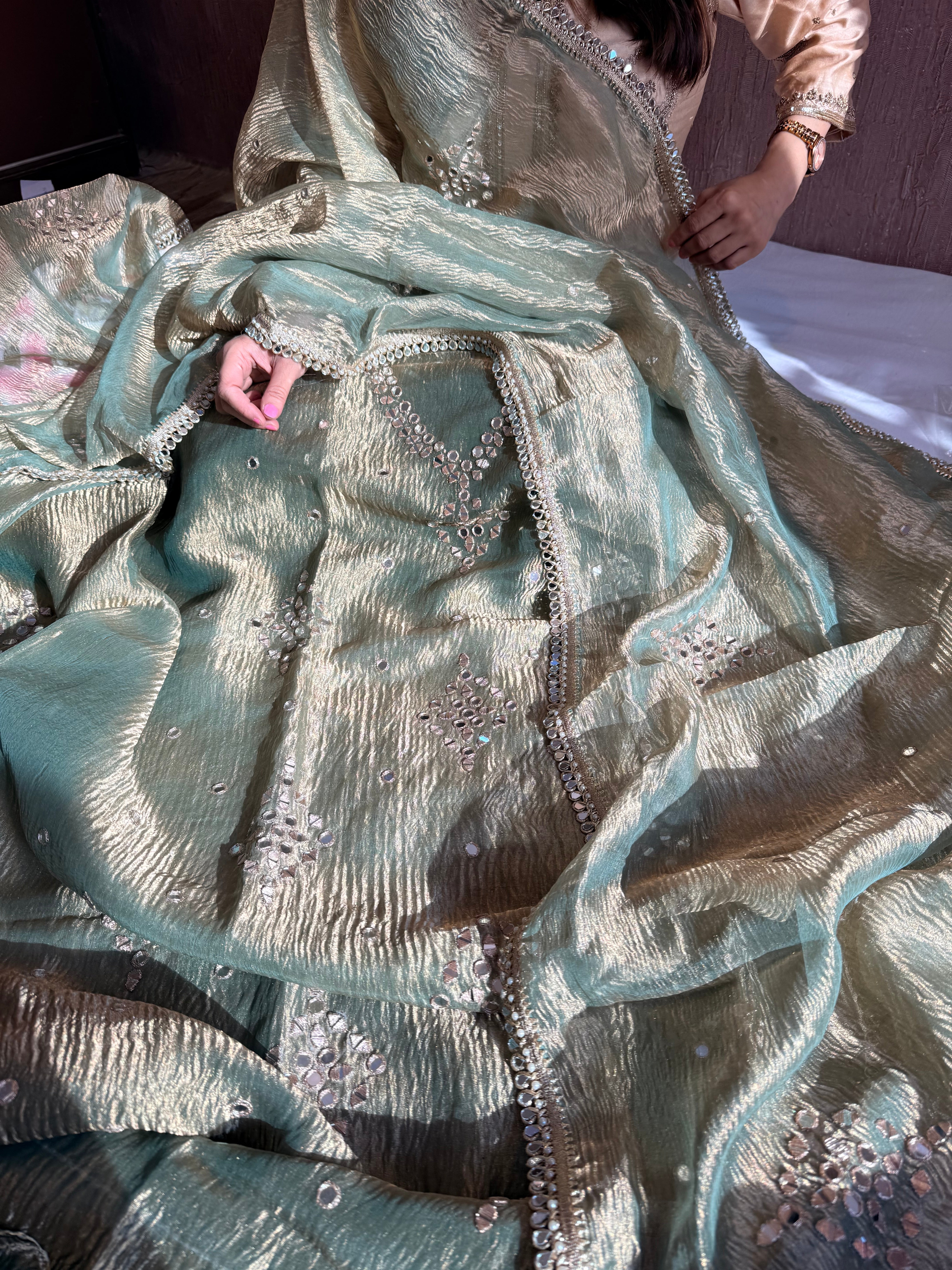 Banarasi tissue silk mirrorwork hand embroidered crushed suit sets