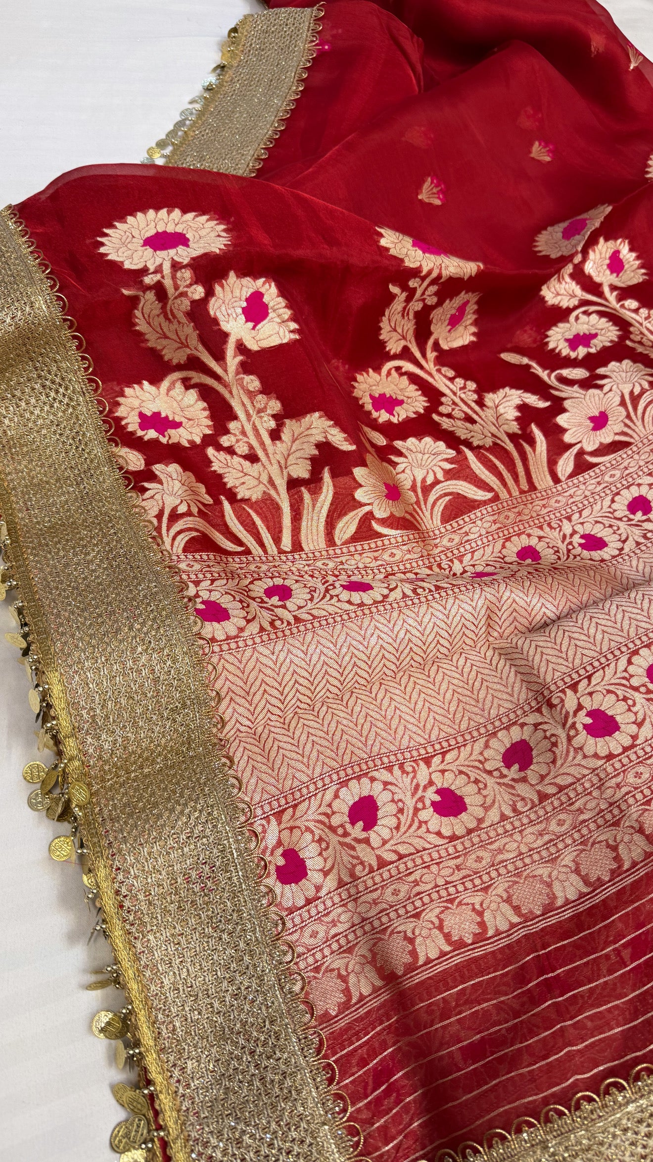 Maharani deep red tissue silk kadhwa meenakari saree