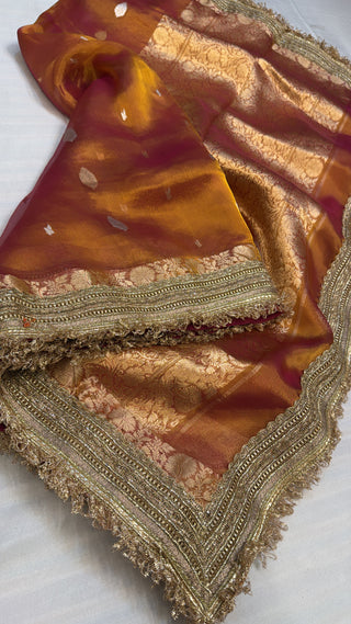 Maharani kanjivaram deep orange tissue silk sarees