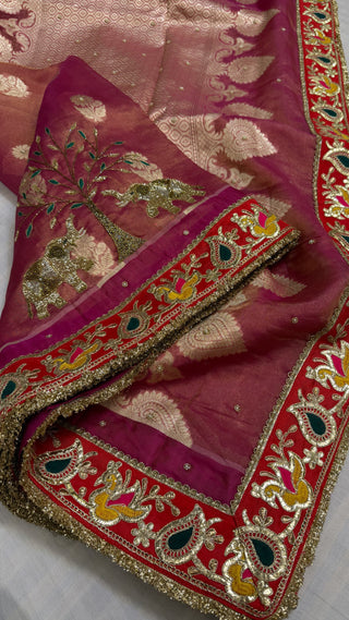 Husn shikargah edit rani pink tissue silk hand embroidered elephant motif saree