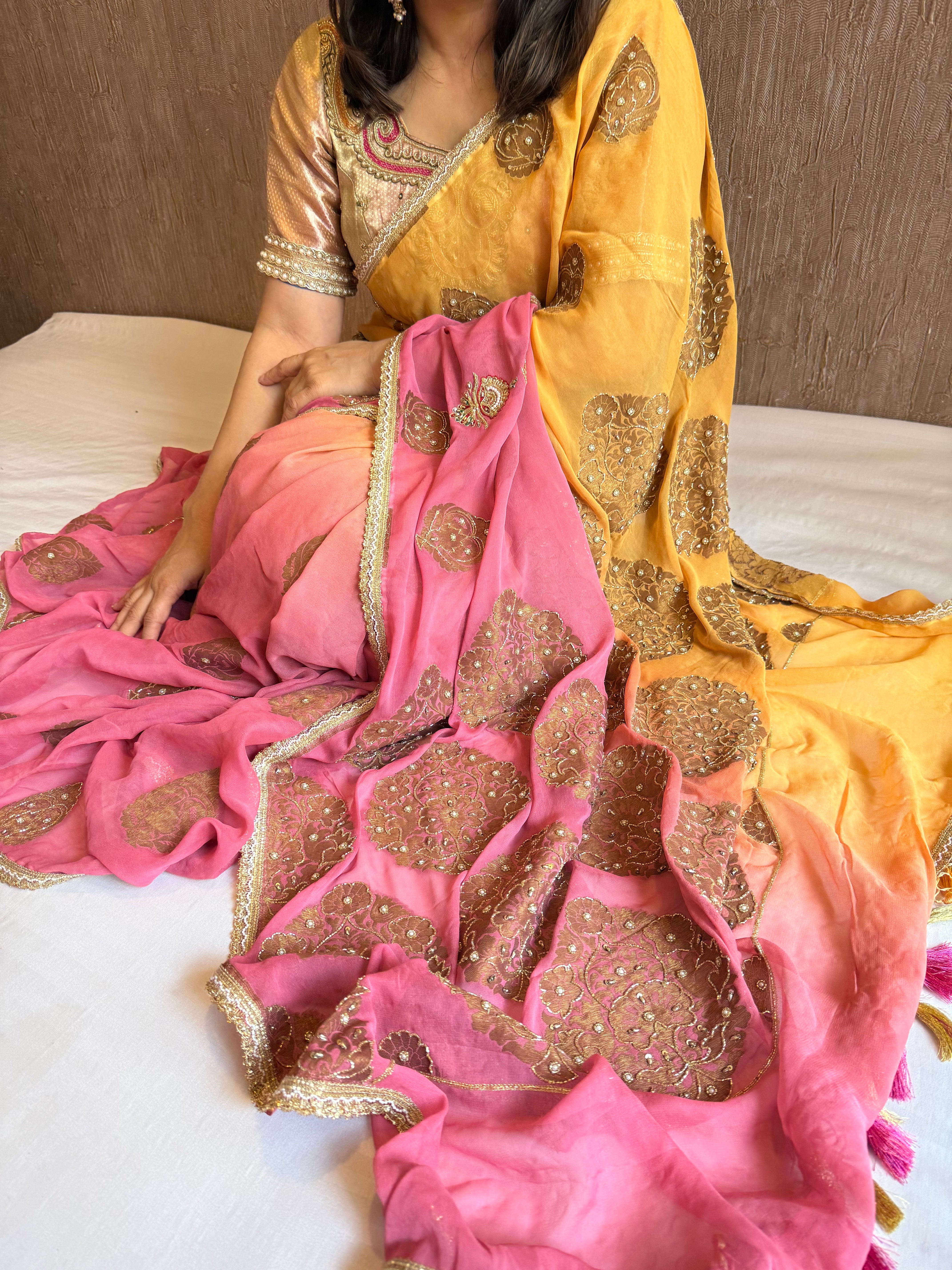 Haldi yellow and pink gorgette banarasi hand embroidered antique zari kadhwa saree
