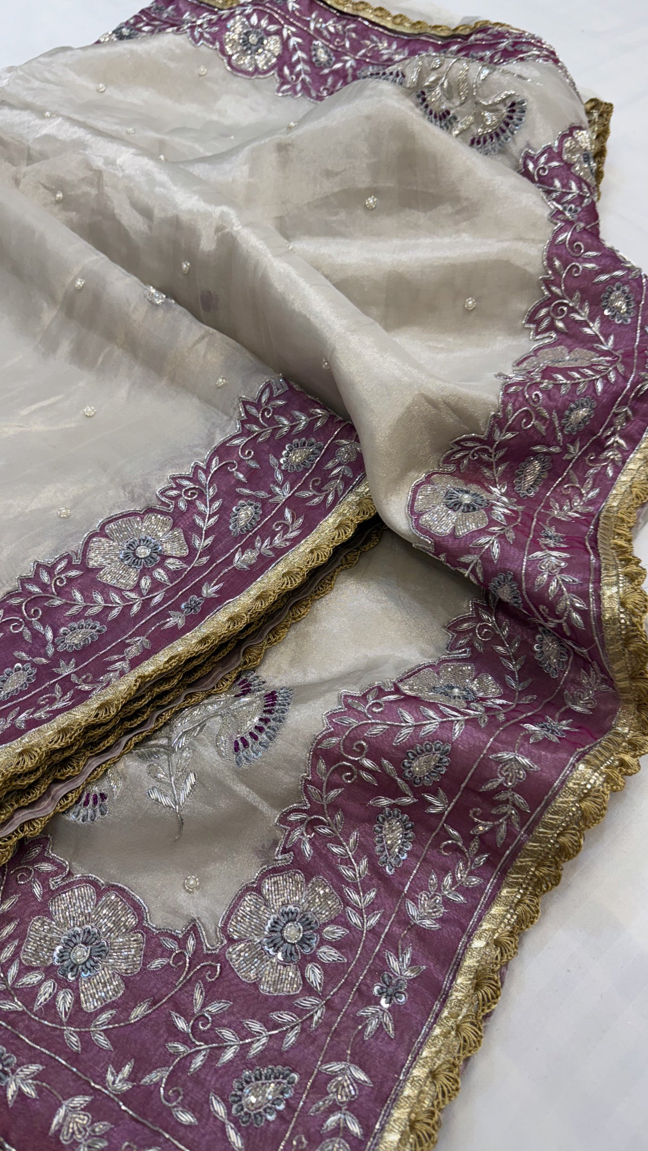 Banarasi heavy zardozi border husn tissue silk hand embroidered saree