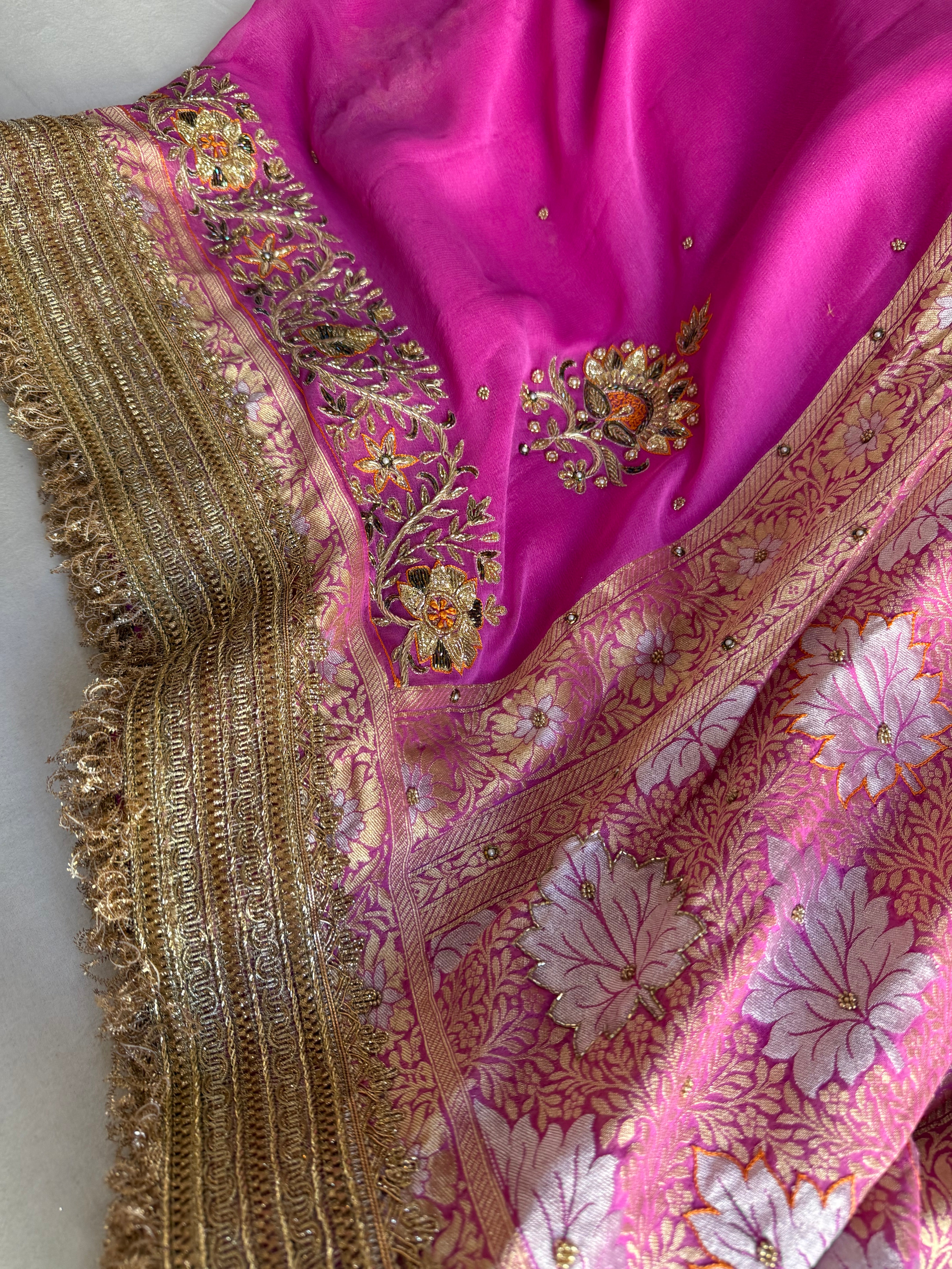Hot pink gorgette kadhwa hand embroidered sona rupa saree
