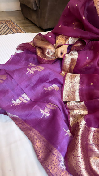 Purple linen gorgette kadhwa buti suit set with kora silk kadhwa duppata