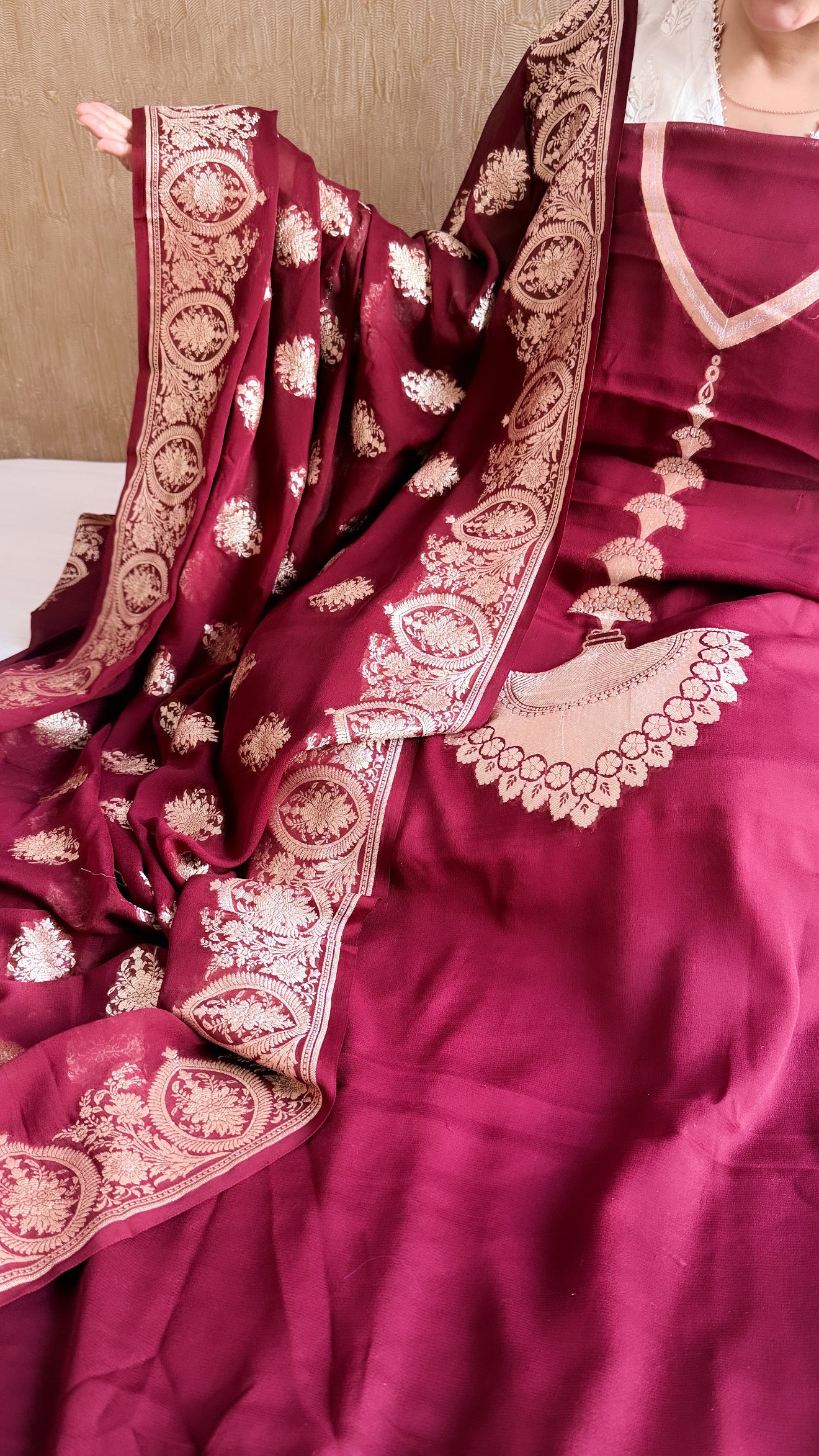 Neck & Pocket weaving - Chiffon gorgette maroon bergundy kadhwa weaving suit set