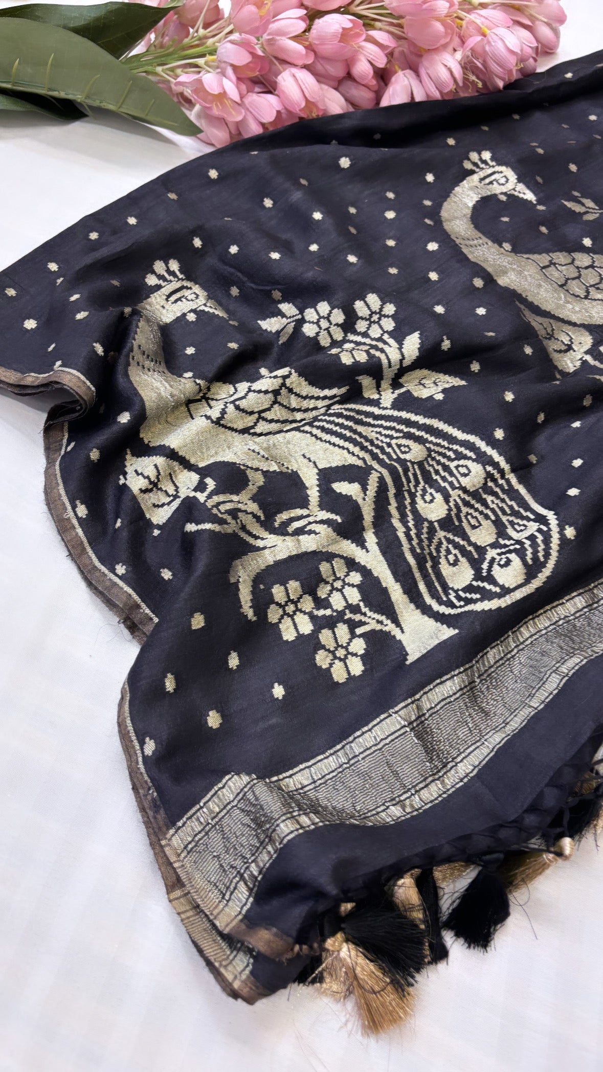 Moonga silk black peacock kadhwa duppata