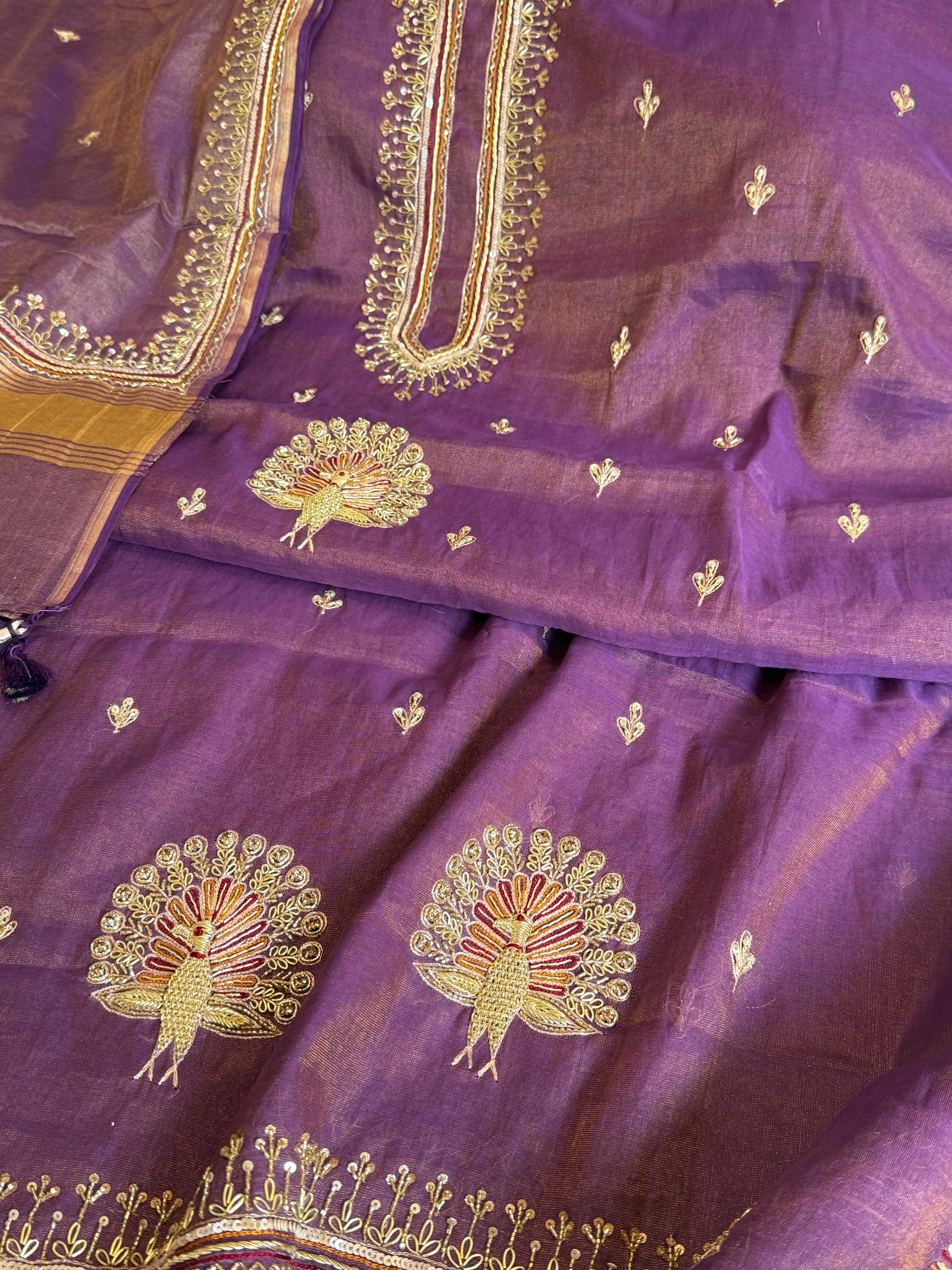 Deep purple mul cotton tissue silk hand embroidered kadhwa suit sets