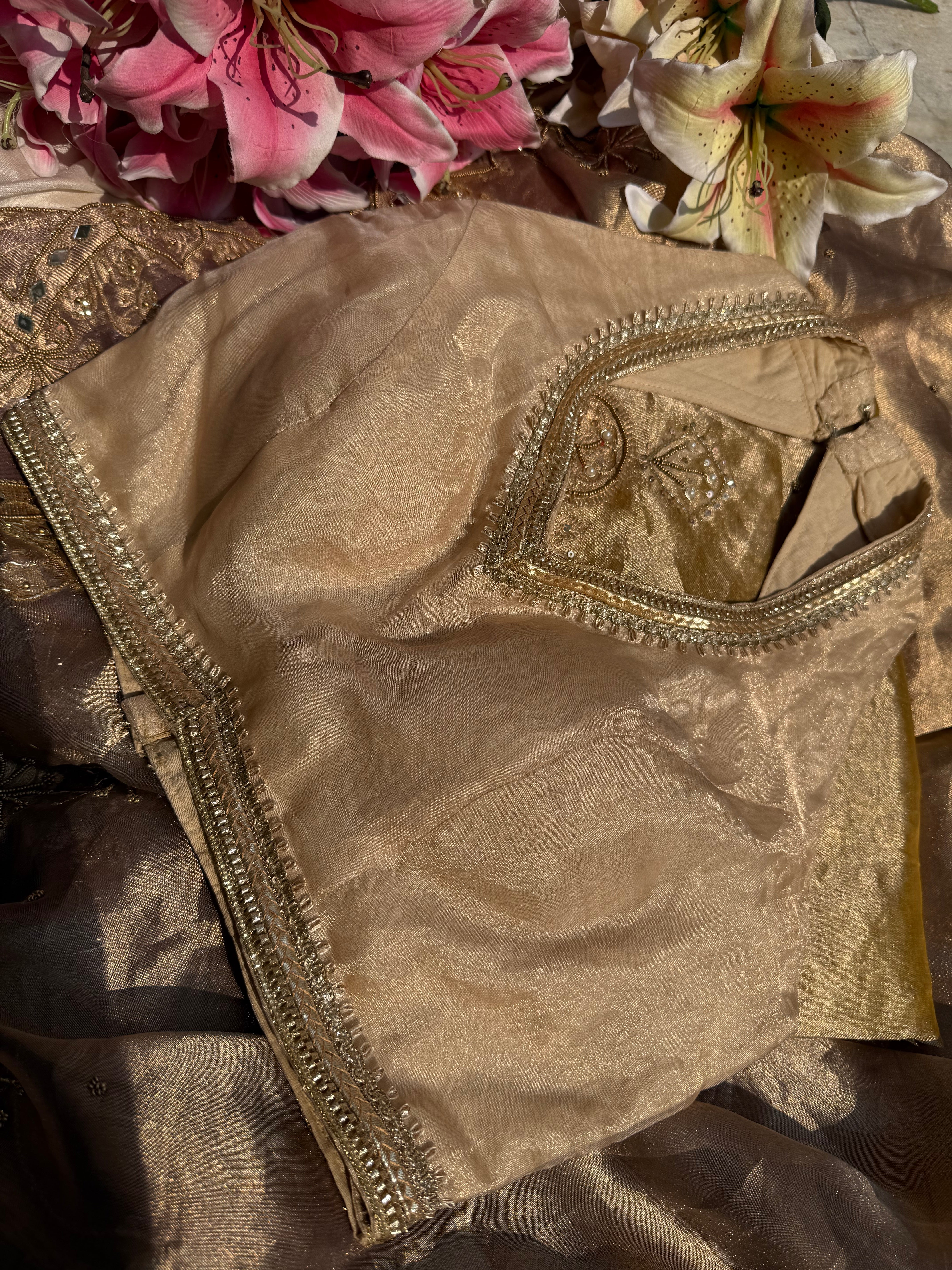 Halter neck golden tissue silk free size blouse piece