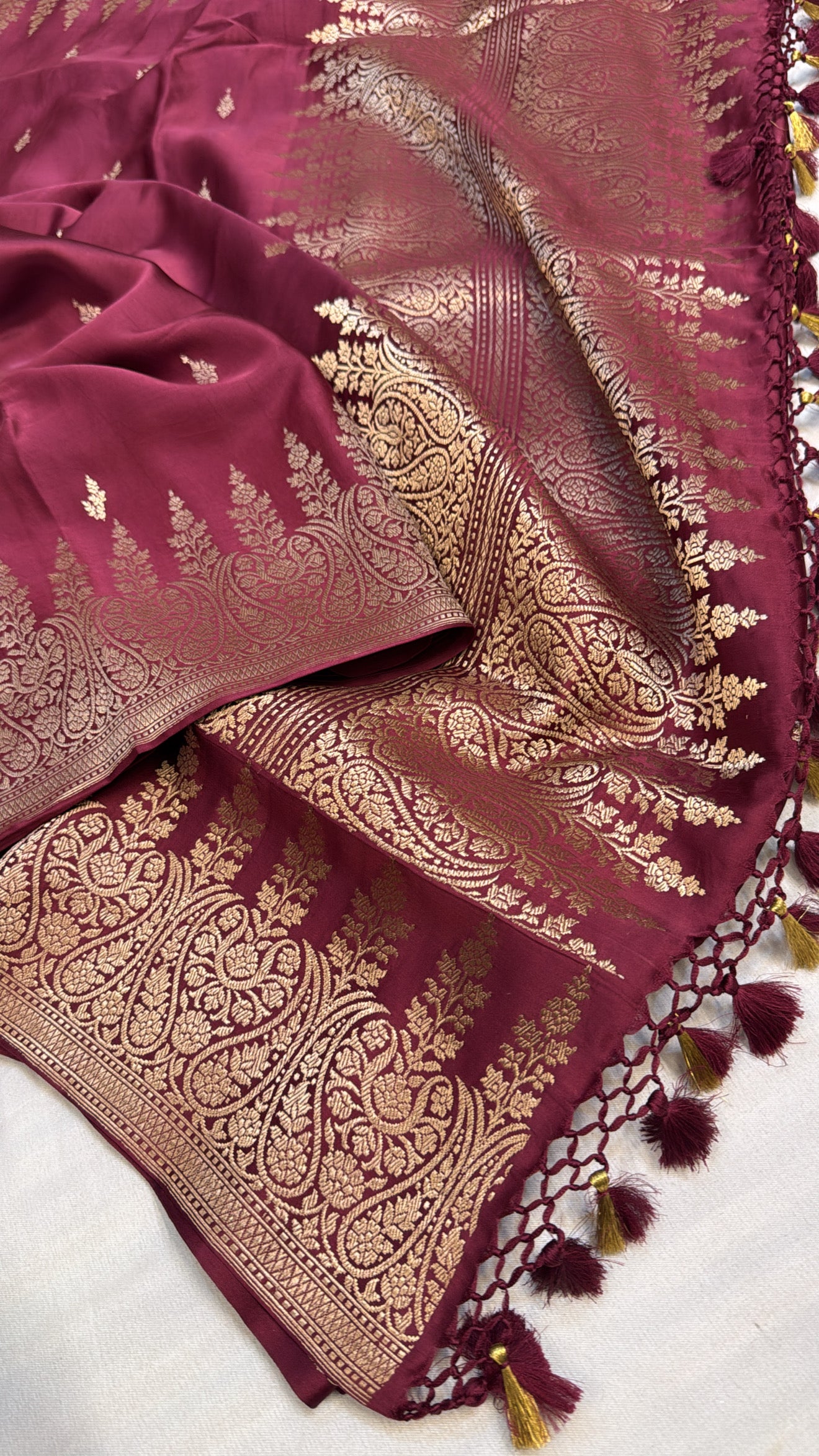 Mashru satin silk garnet shade banarasi saree