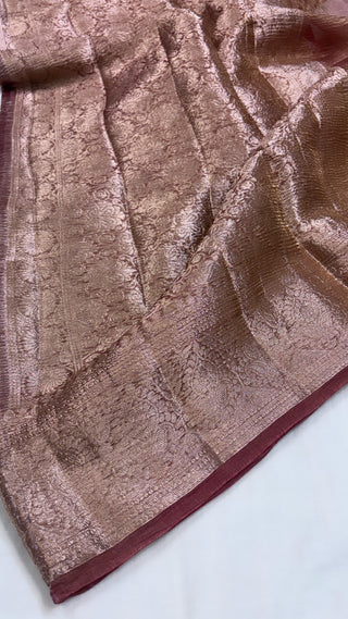 Pure banarasi garnet red crushed tissue silk handwoven kadhwa saree with intricate border and kadhwa blouse