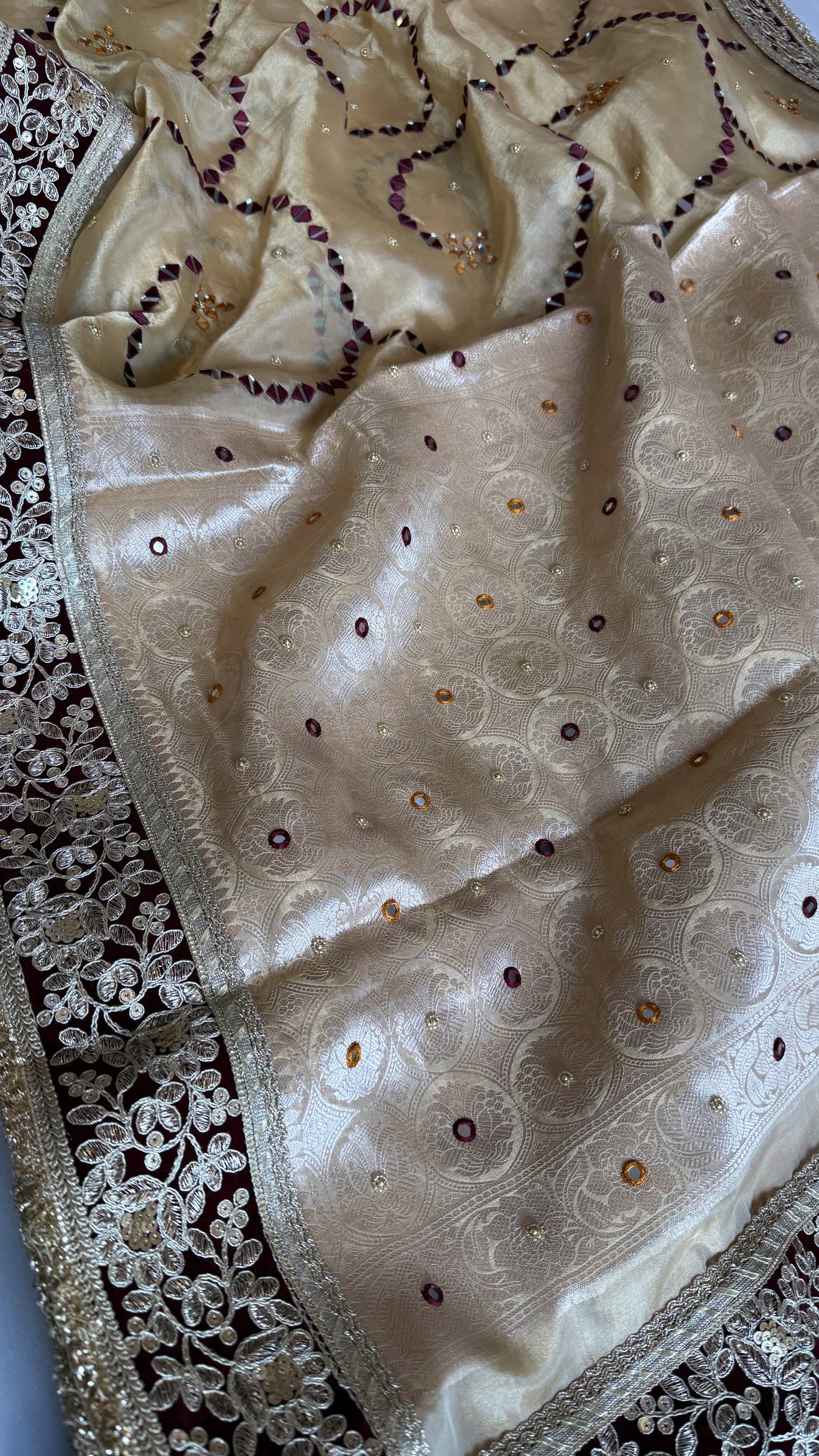 Sheesham edit - Heavy double tissue silk mirror work hand embroidered saree