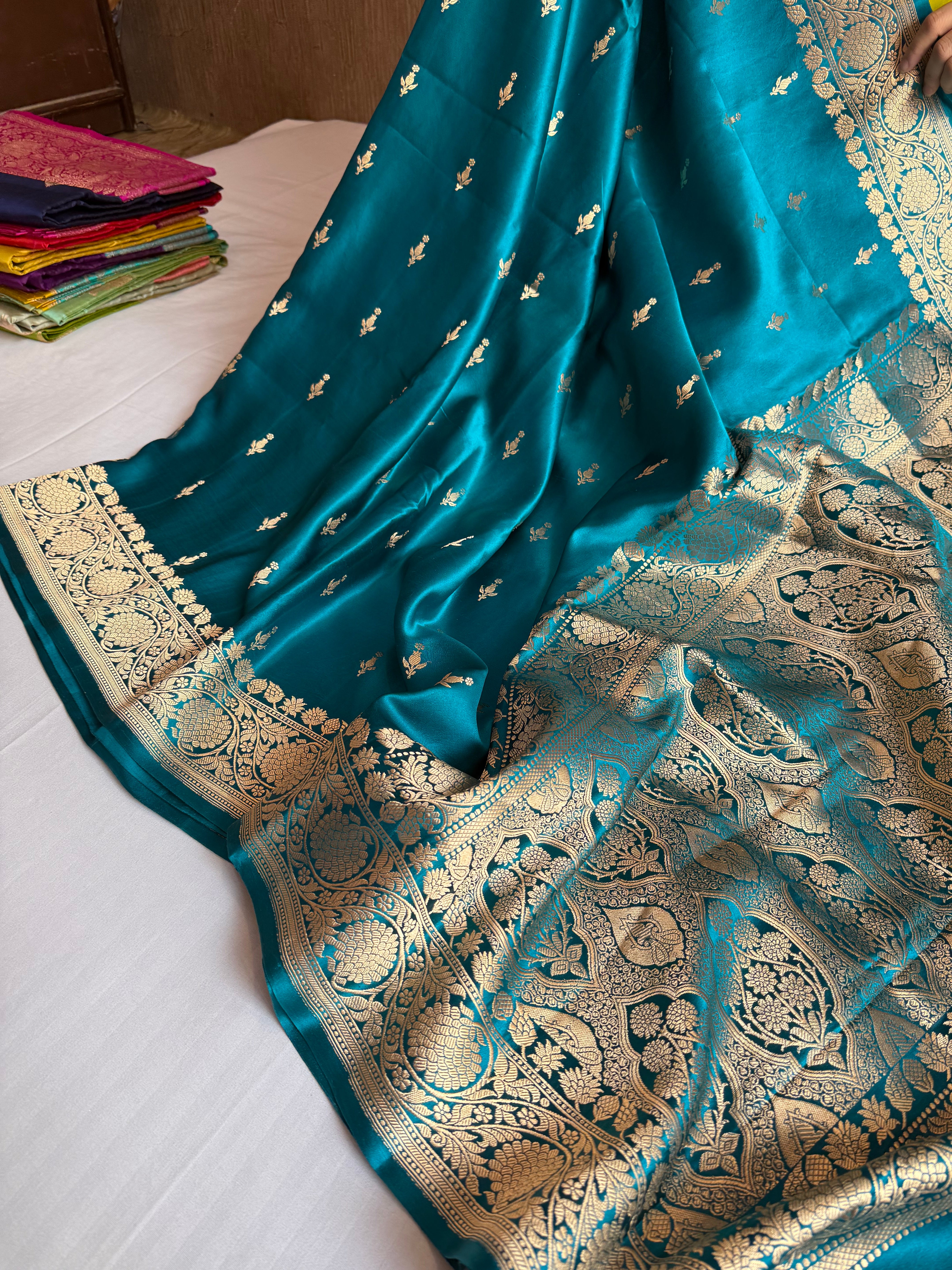 Teal shade banarasi mashru silk kadhwa border saree