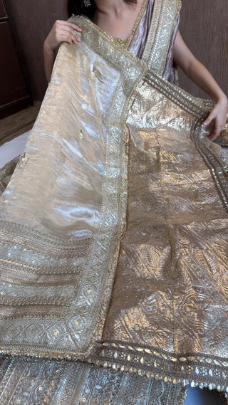 Lehenga style saree edit - Champagne gold diamond tissue silk tilli work gotapatti skirt border saree