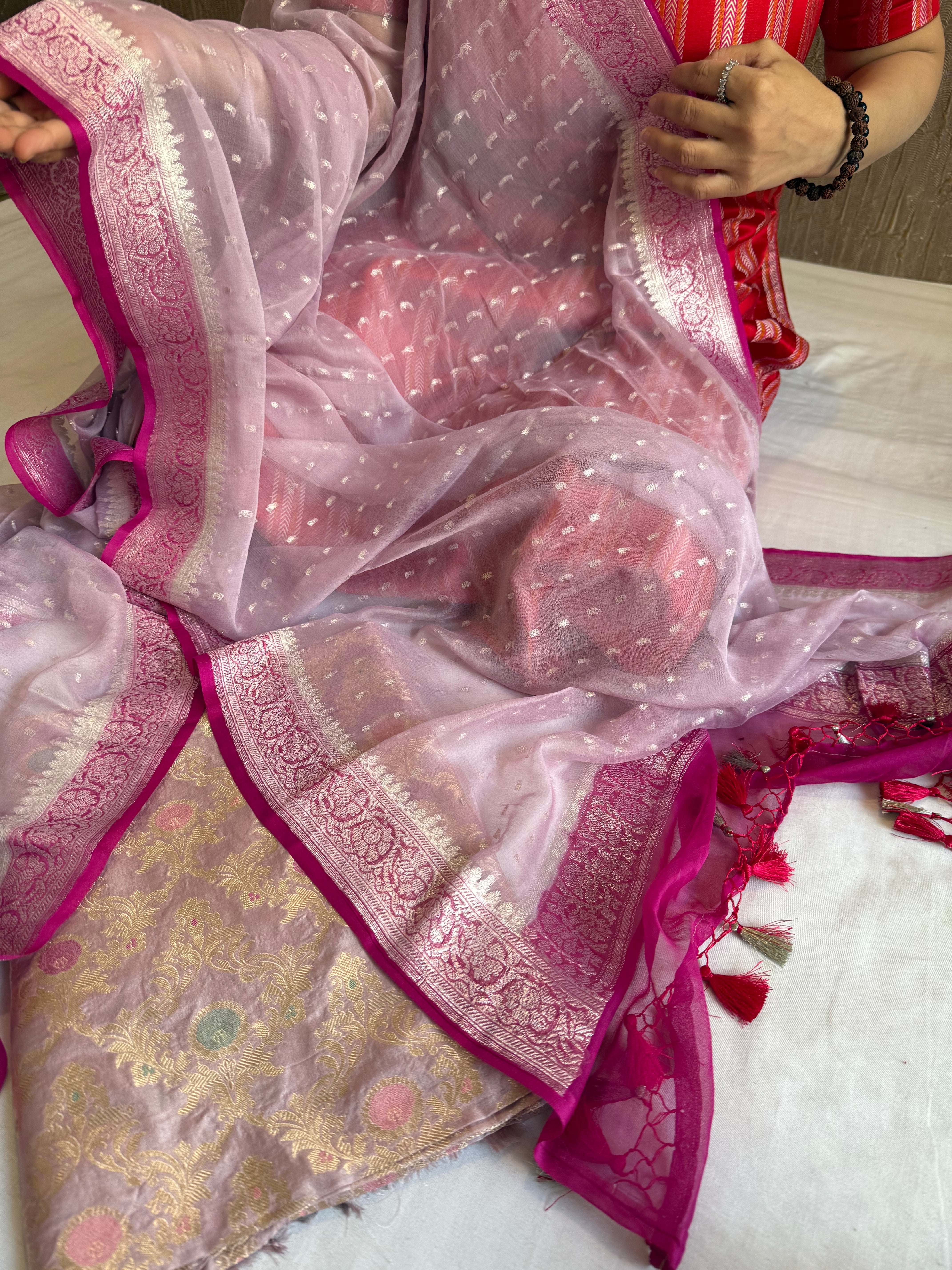 Blush pink - Hot pink katan silk kadhwa jaal kurta paired with chap dye chiffon gorgette duppata set