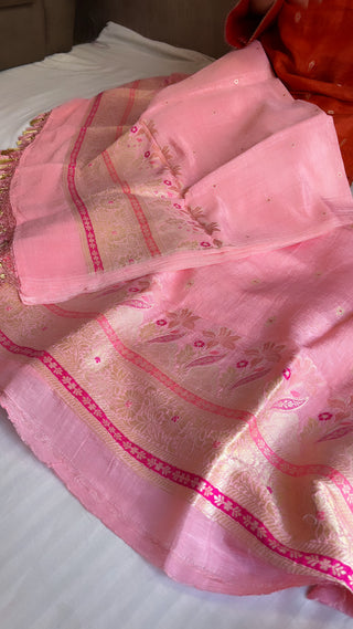 Gulabi pink linen gorgette meenedar daman kadhwa suit set