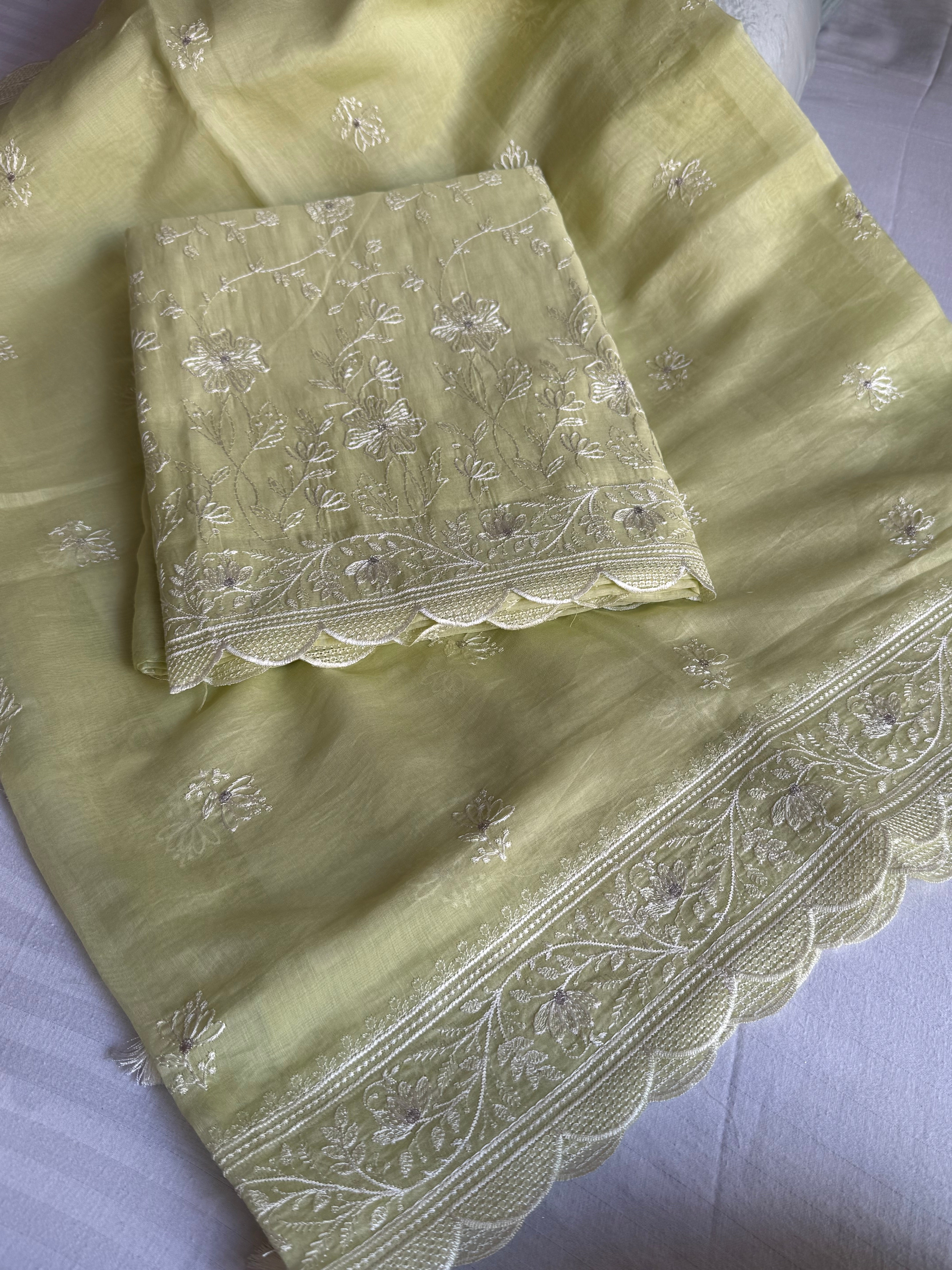 Cotton mulmul banarasi white resham thread hand embroidered kadhwa suit set