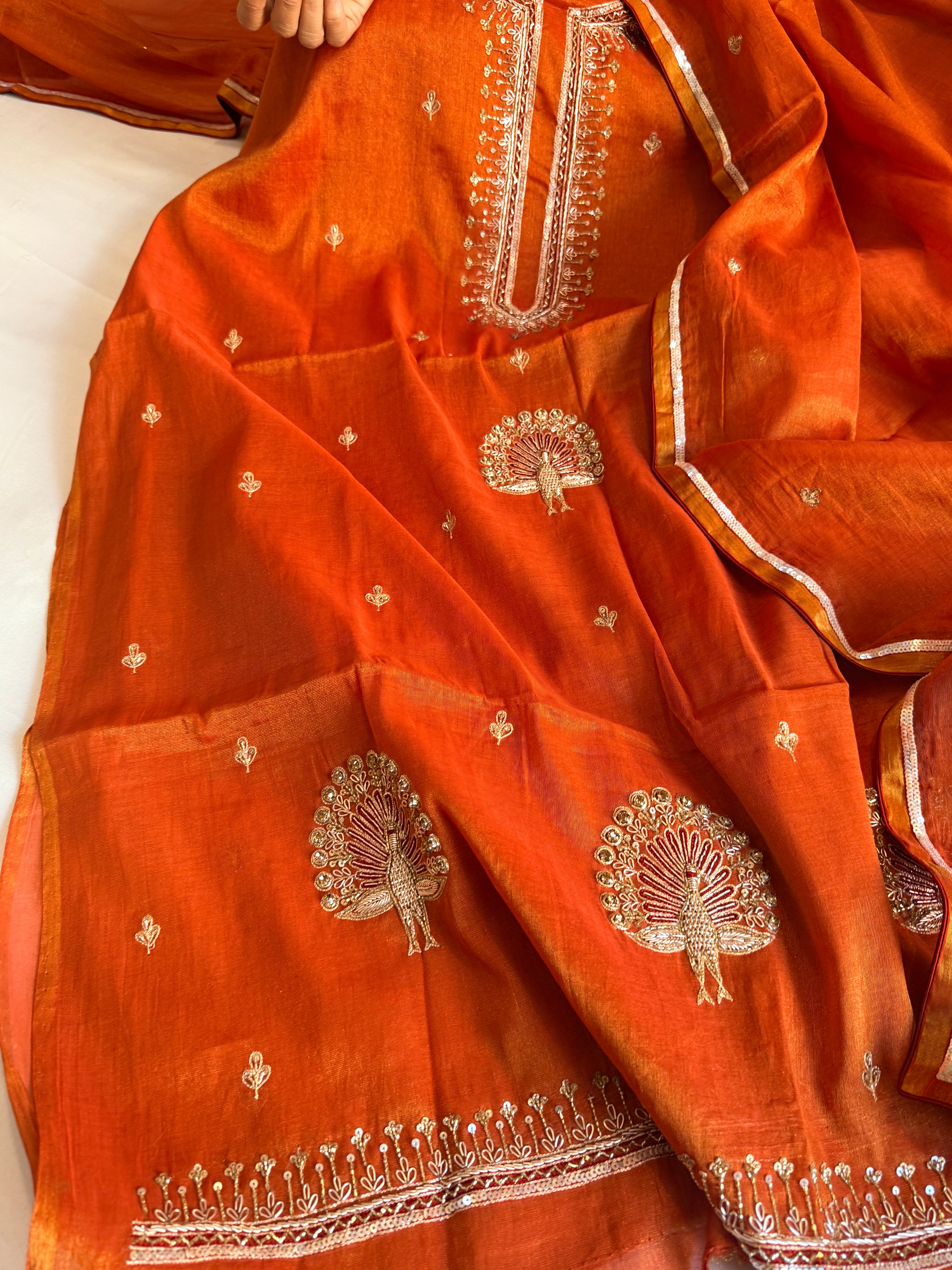 Fanta orange mul cotton silk tissue hand embroidered kadhwa suit set
