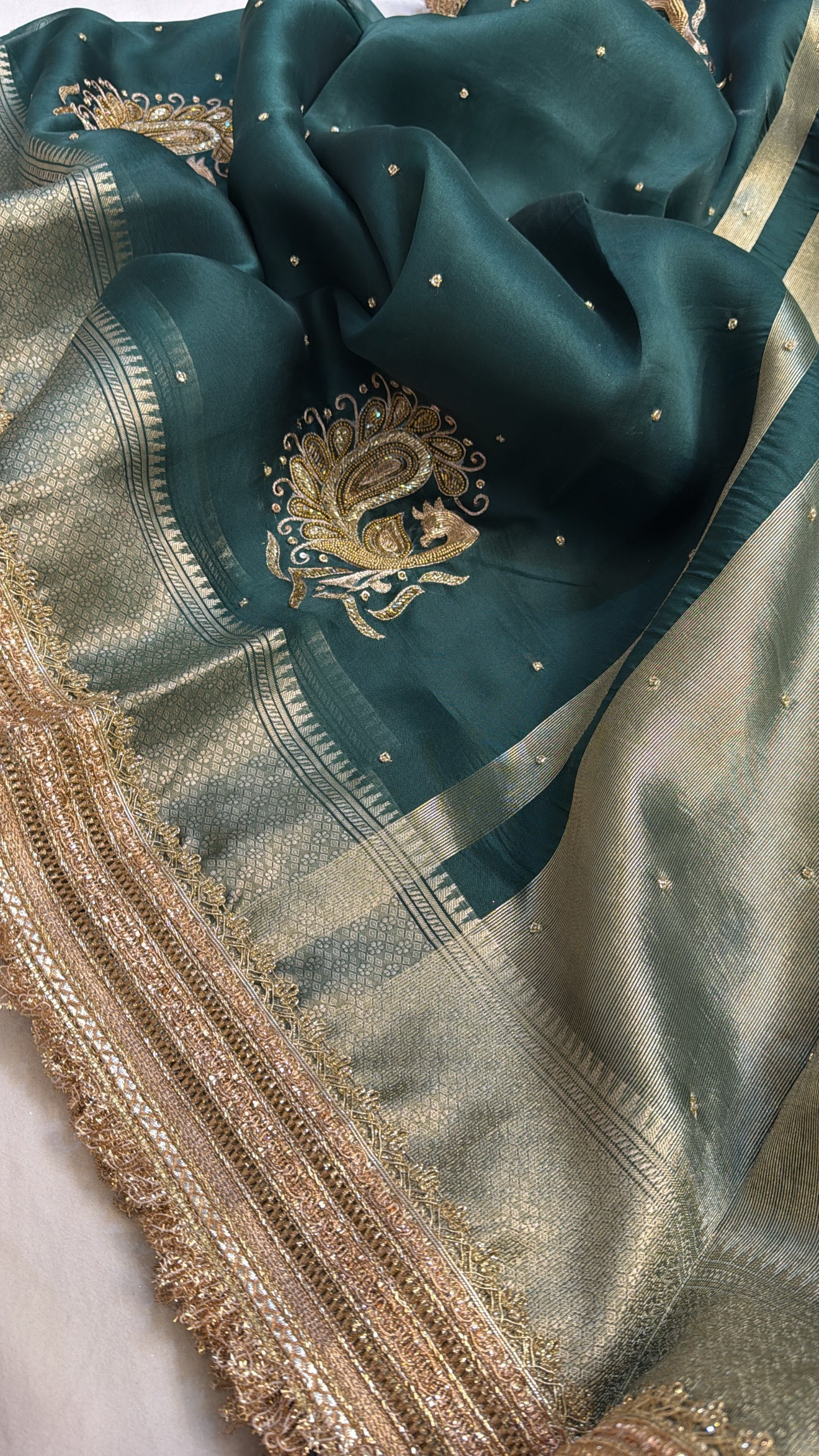 Forest green kora silk kadhwa hand embroidered gotapatti saree