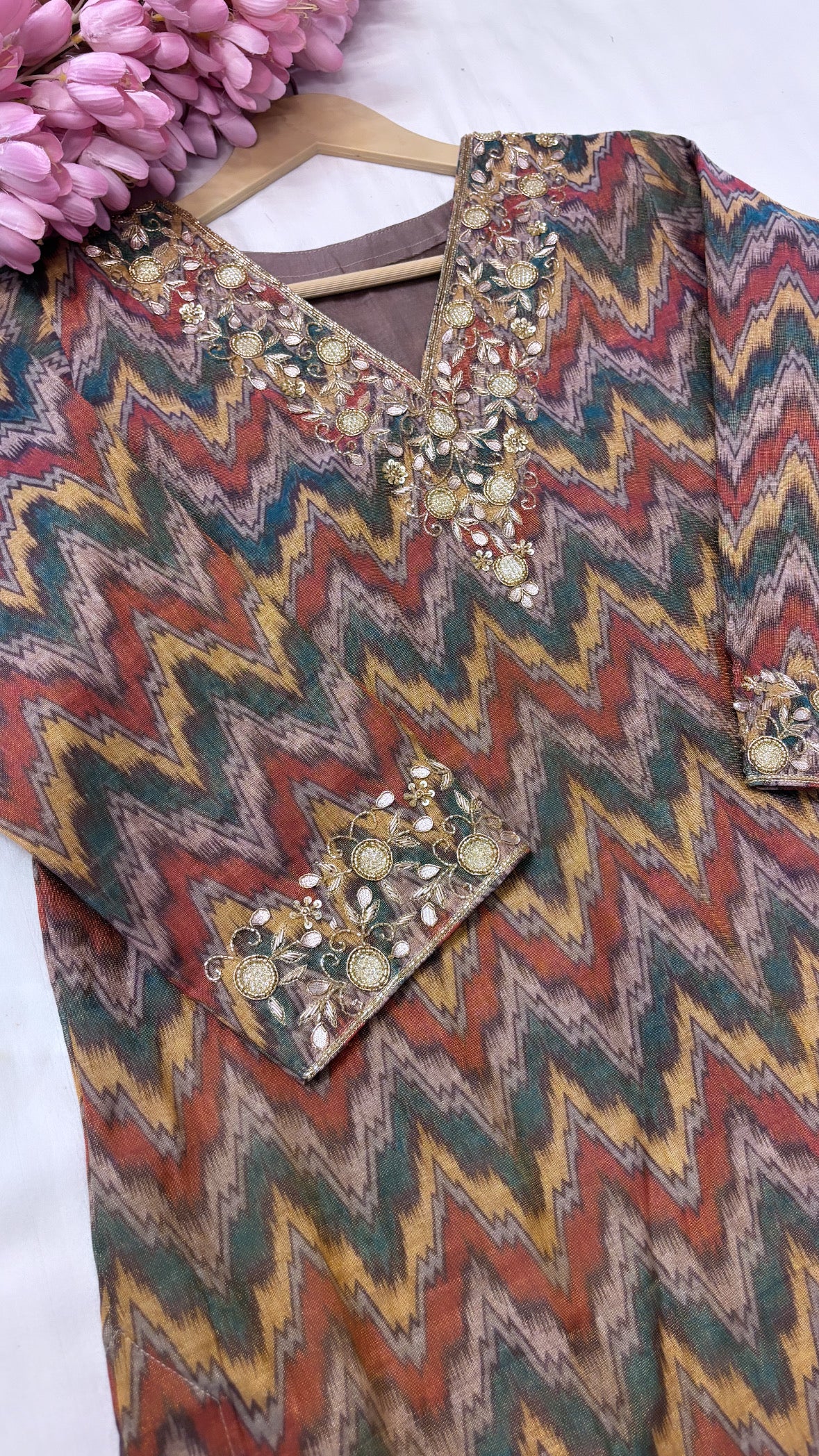 Pure banarasi cotton tissue printed handwoven and hand embroidered printed stitched kurti