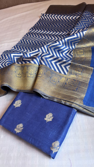 Ink blue linen kurta paired with kora silk chevron duppata and bottom suit set