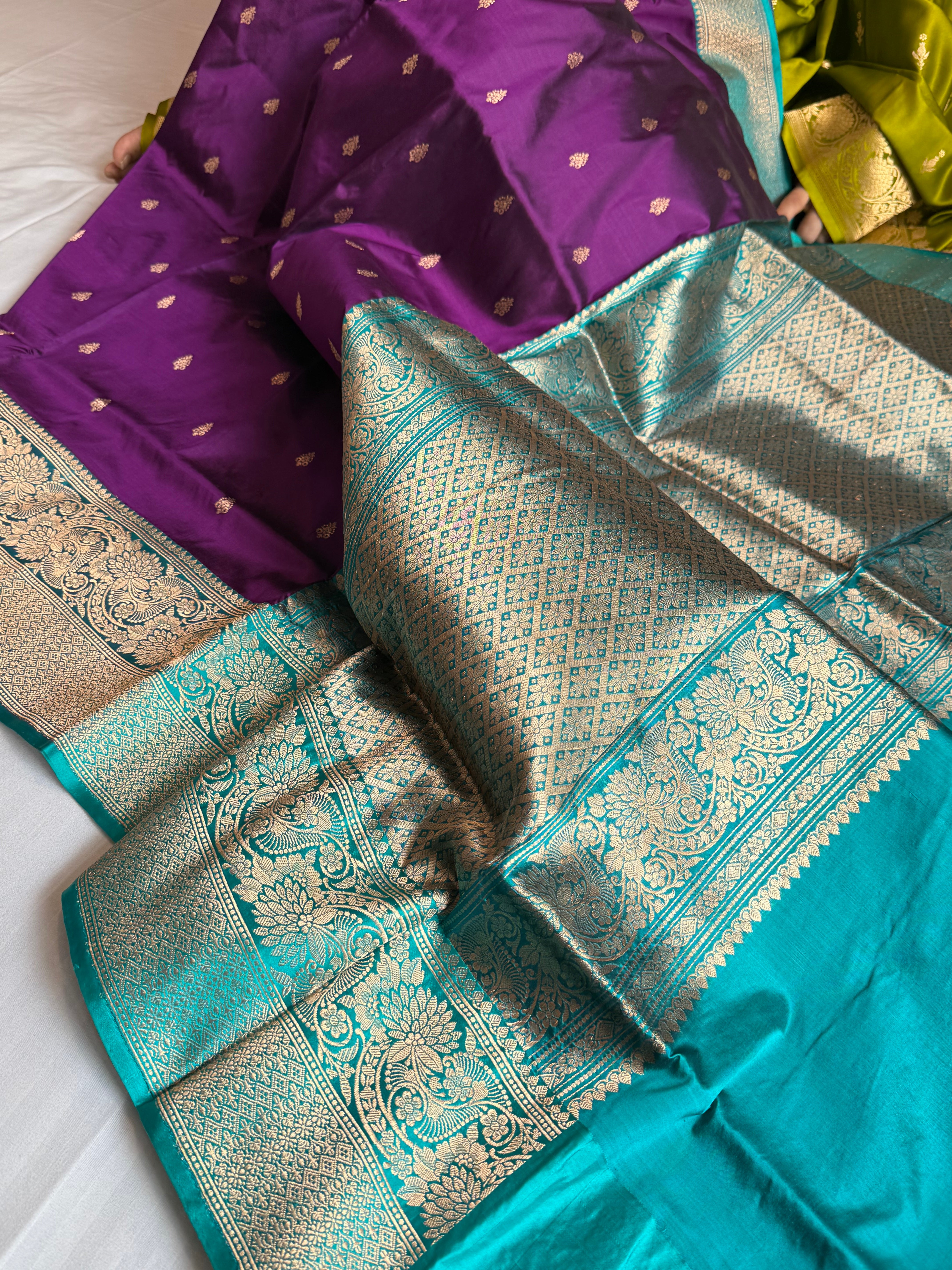 brinjal purple-firozi contrast combination blue katan silk kadhwa saree