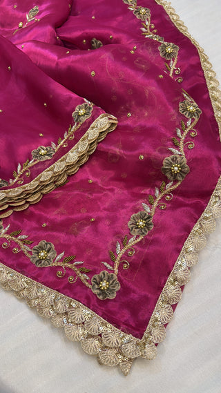 Husn hot pink tissue silk hand embroidered saree with heavy blouse