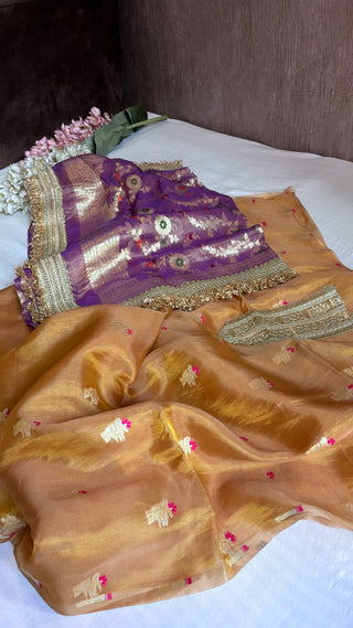 Heeramandi golden-purple contrast tissue silk meenakari suit set