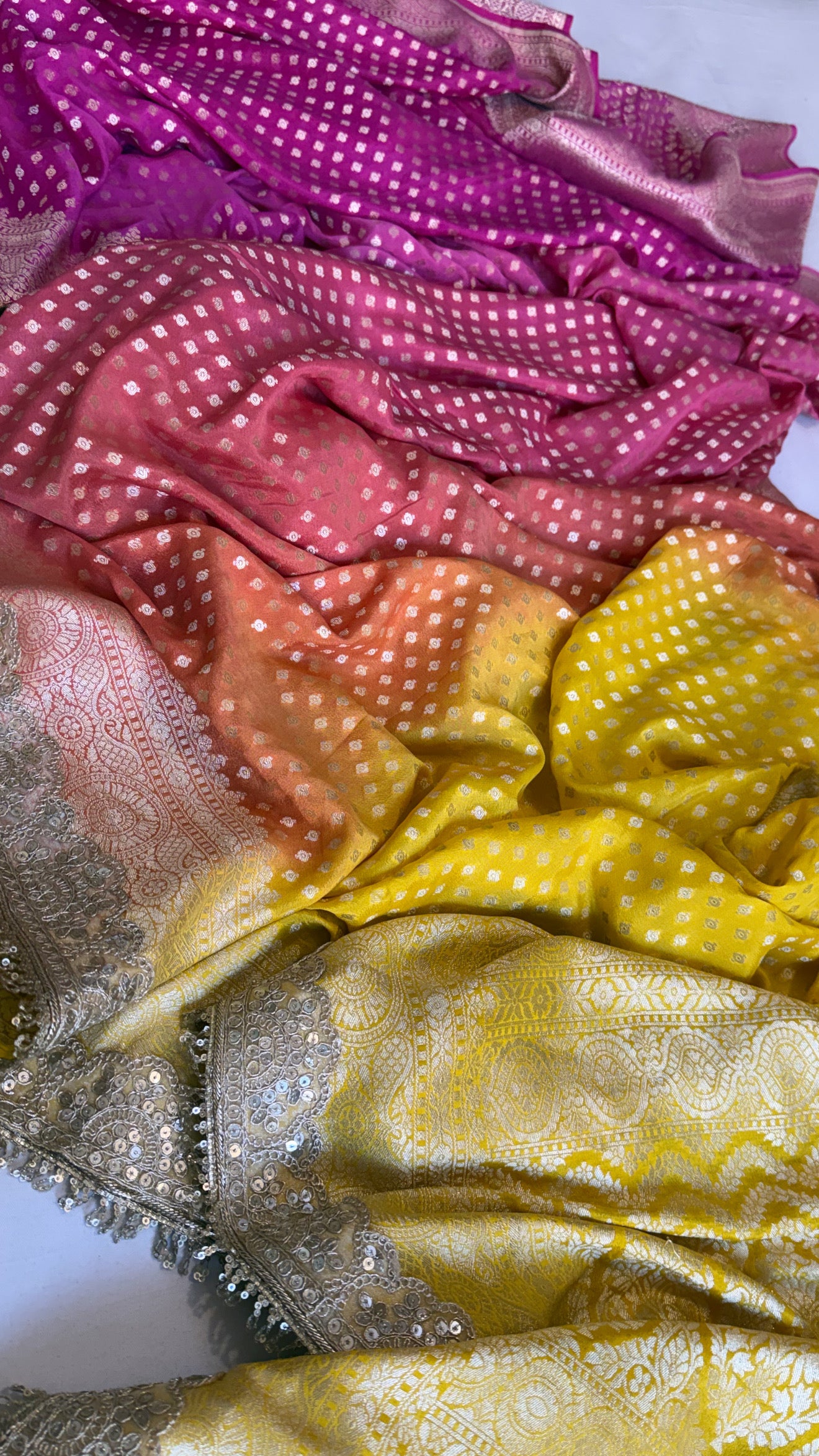 Moonga silk ombre shaded chunri buti kadhwa gotapatti saree