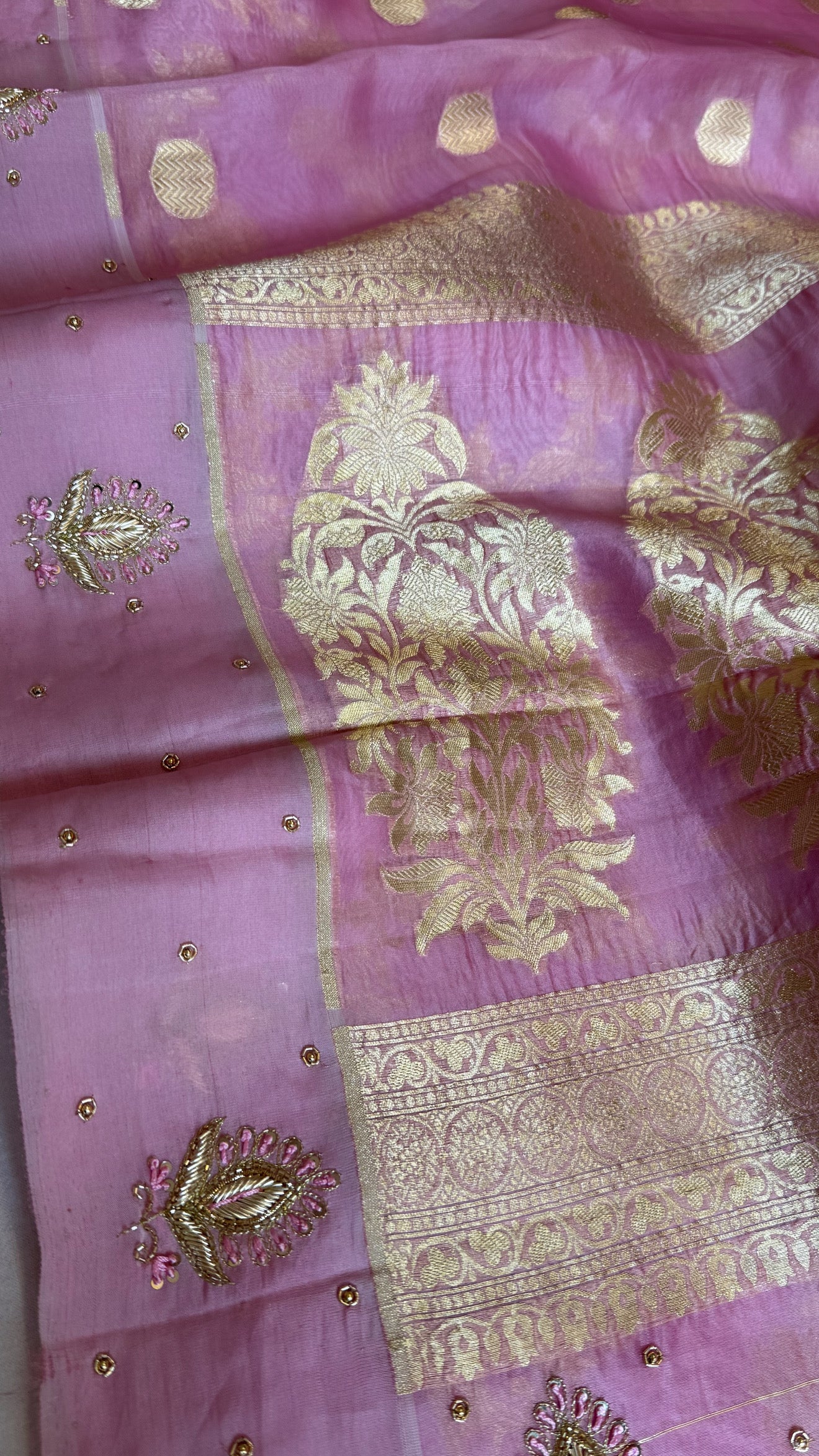 Blush pink banarasi kora silk kadhwa hand embroidered
