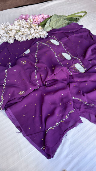 Pure banarasi purple gorgette katdana and mukaish pearl hand embroidered suit set