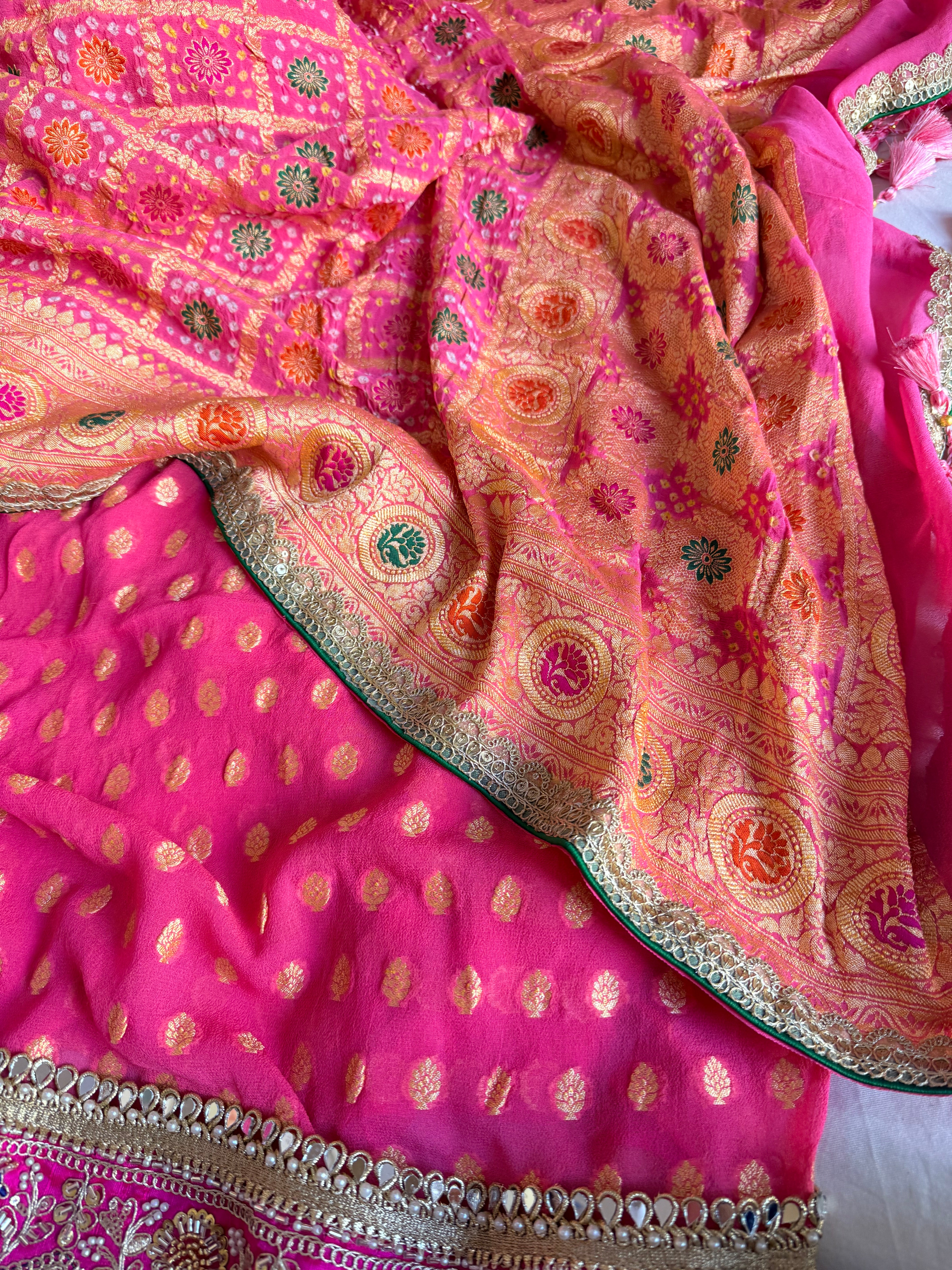 Rai bandhej strawberry pink banarasi chiffon gorgette gotapatti suits