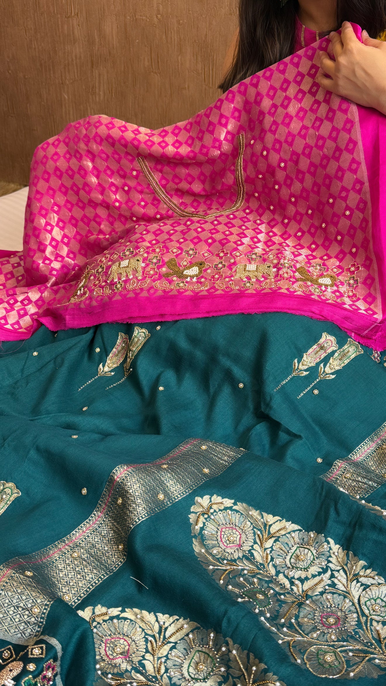 Moonga silk ikkat patola weaving inspired hand embroidered kadhwa saree