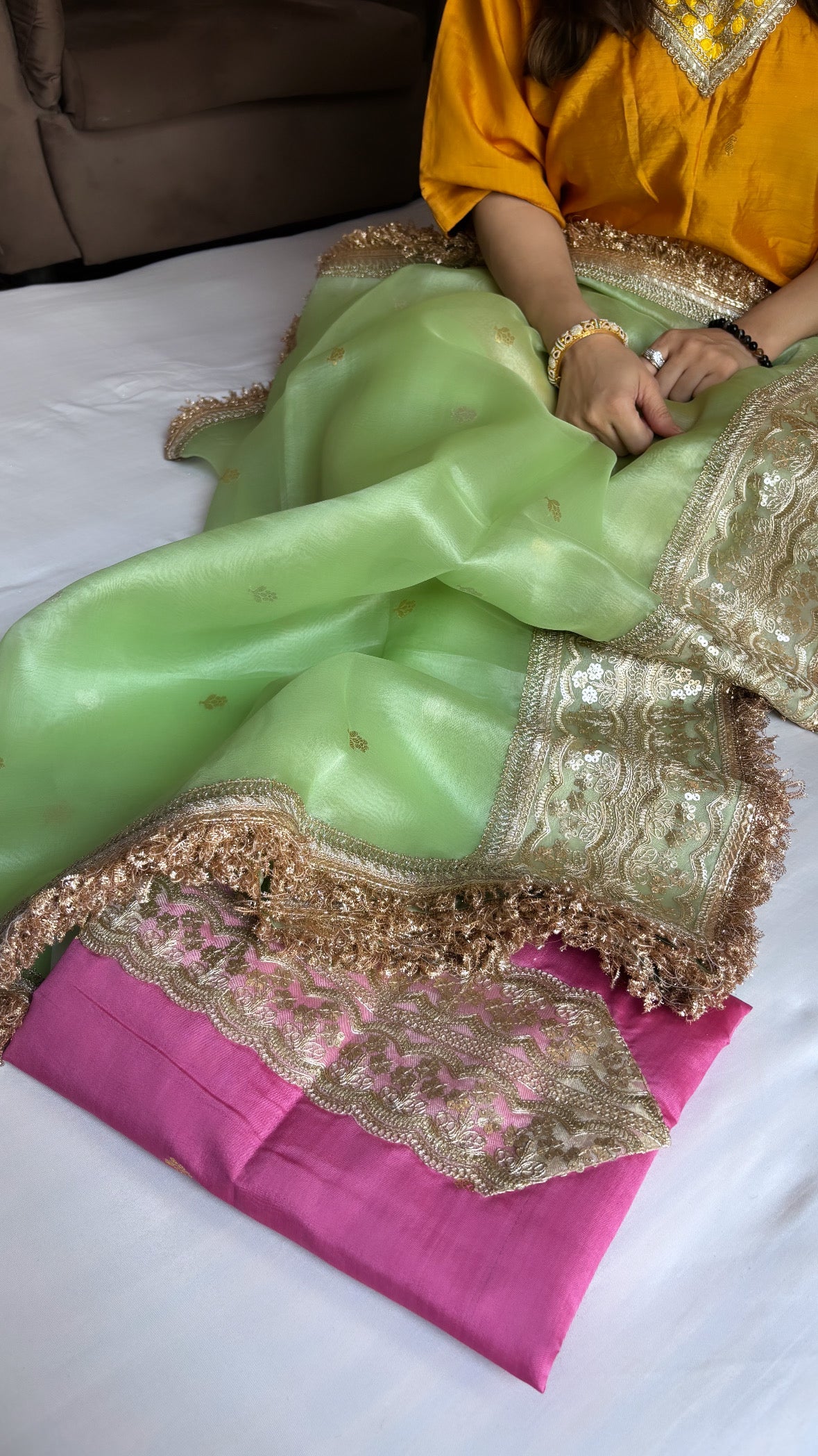 Pink-green kadhwa hand embroidered silk suit set from vyaah wala ghar edit