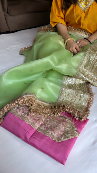 Pink-green kadhwa hand embroidered silk suit set from vyaah wala ghar edit