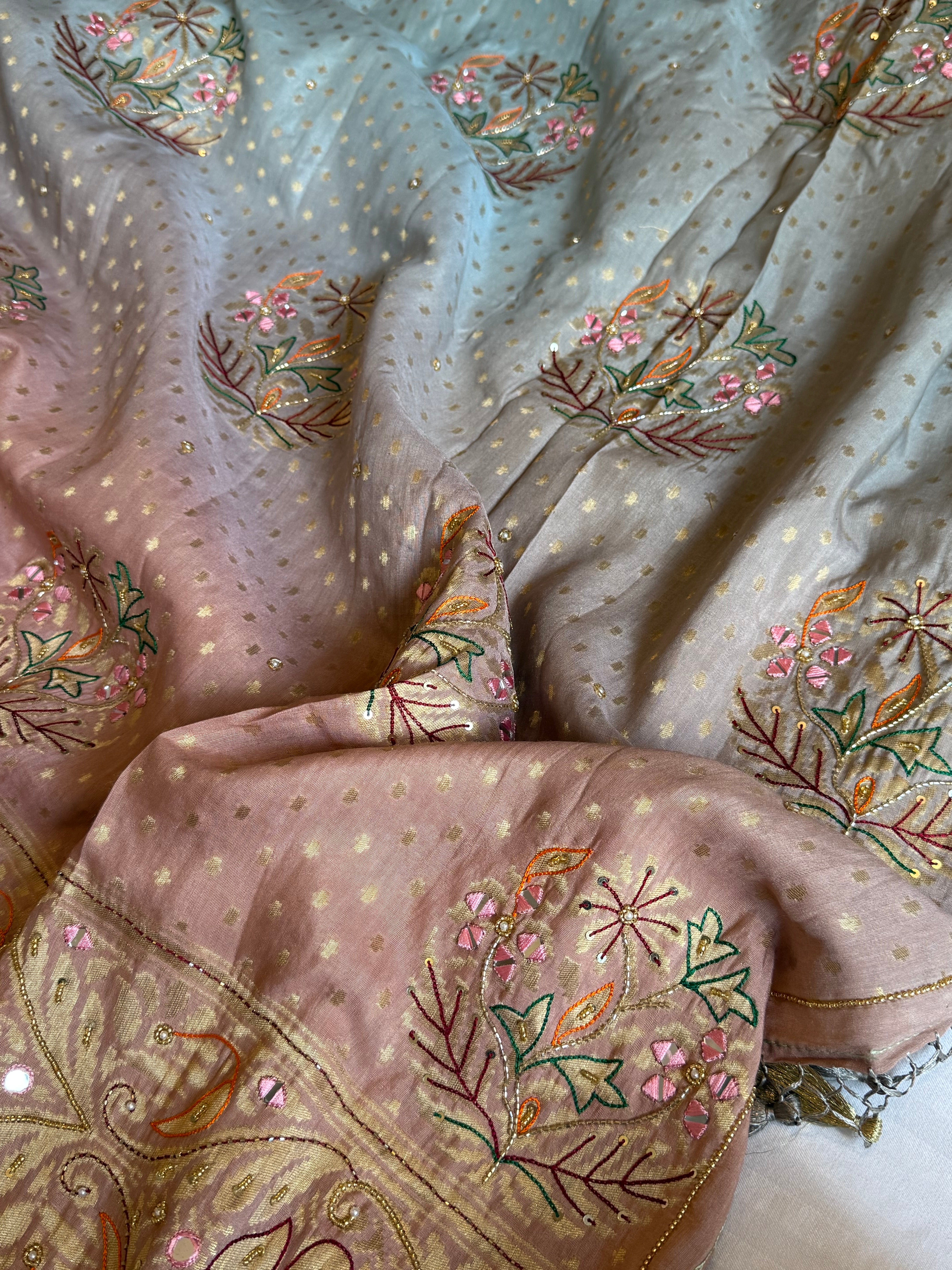 Moonga silk blush blue and pink ombre shaded hand embroidered kadhwa saree