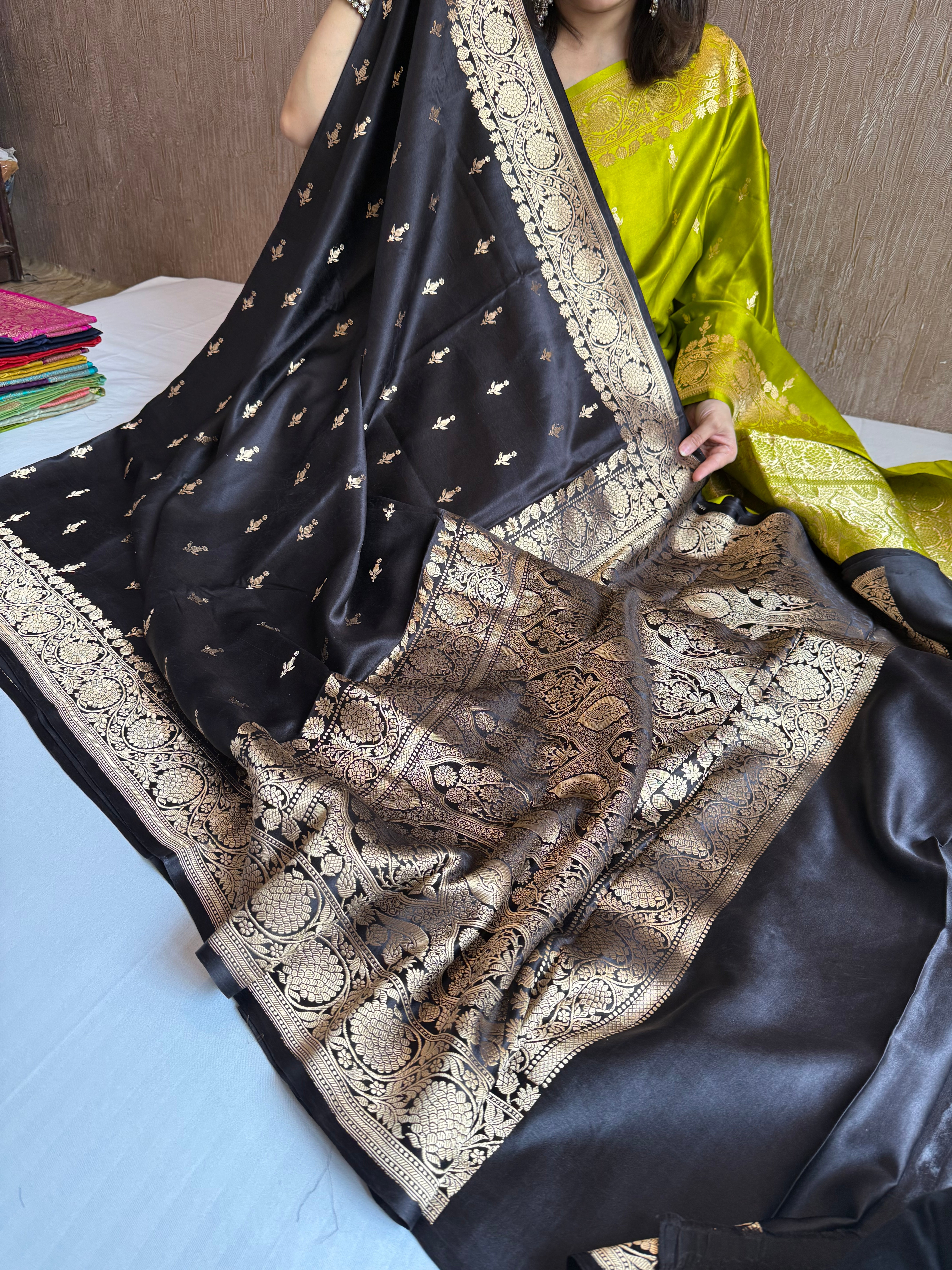Jet black banarasi mashru silk kadhwa buti saree